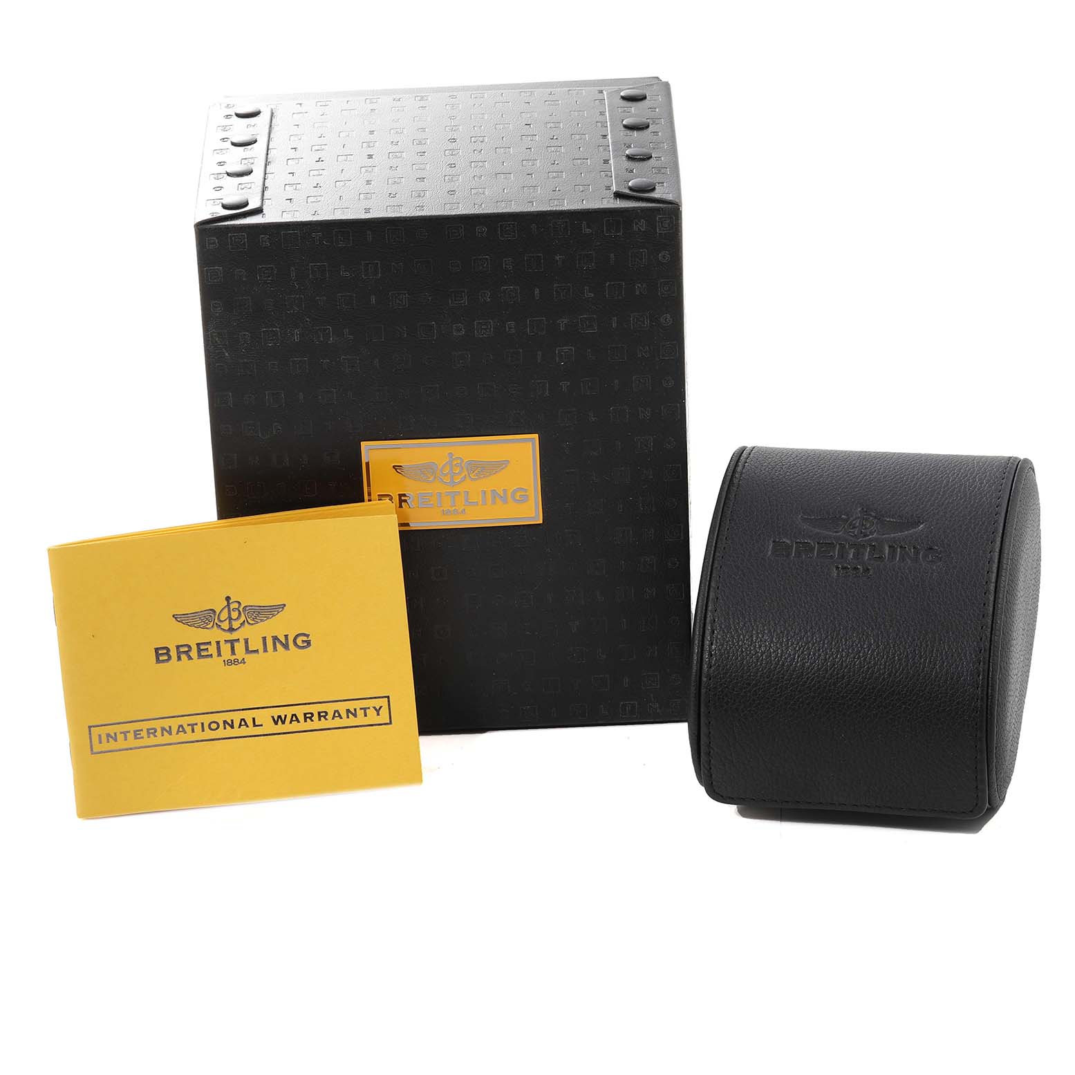 The image shows the Breitling Bentley A44362 Men's Stainless Steel Silver Dial A44362 Men's Stainless Steel Silver Dial model watch's box, travel case, and international warranty card.