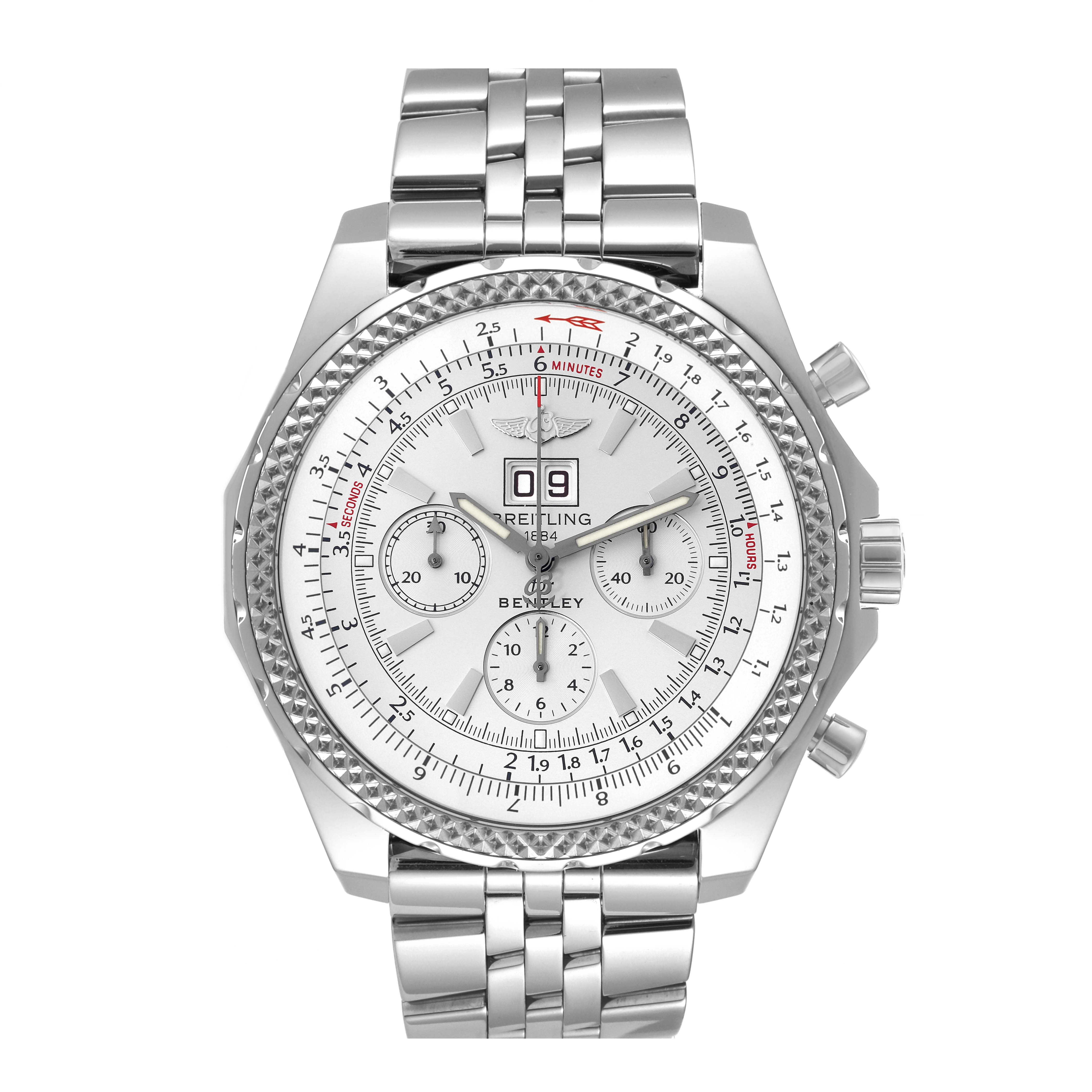 The Breitling Bentley A44362 Men's Stainless Steel Silver Dial A44362 Men's Stainless Steel Silver Dial watch is shown from a front angle, displaying the face, bezel, and bracelet.