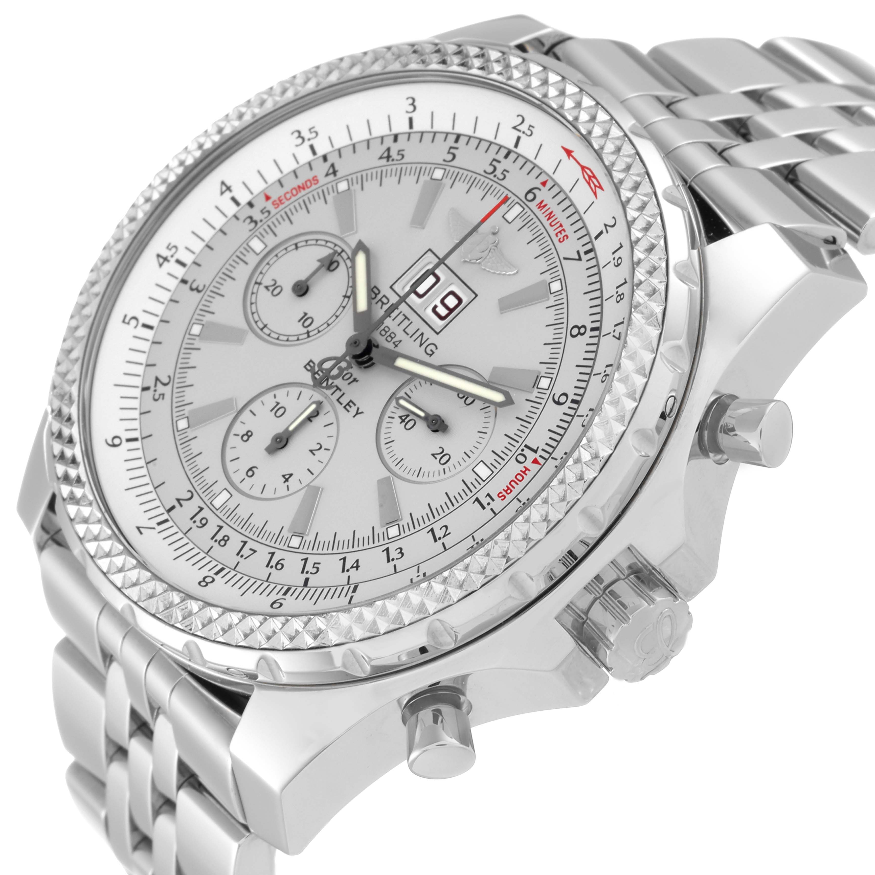 The Breitling Bentley A44362 Men's Stainless Steel Silver Dial A44362 Men's Stainless Steel Silver Dial watch is shown at an angled view, displaying the face, bezel, chronographs, and part of the metal bracelet.