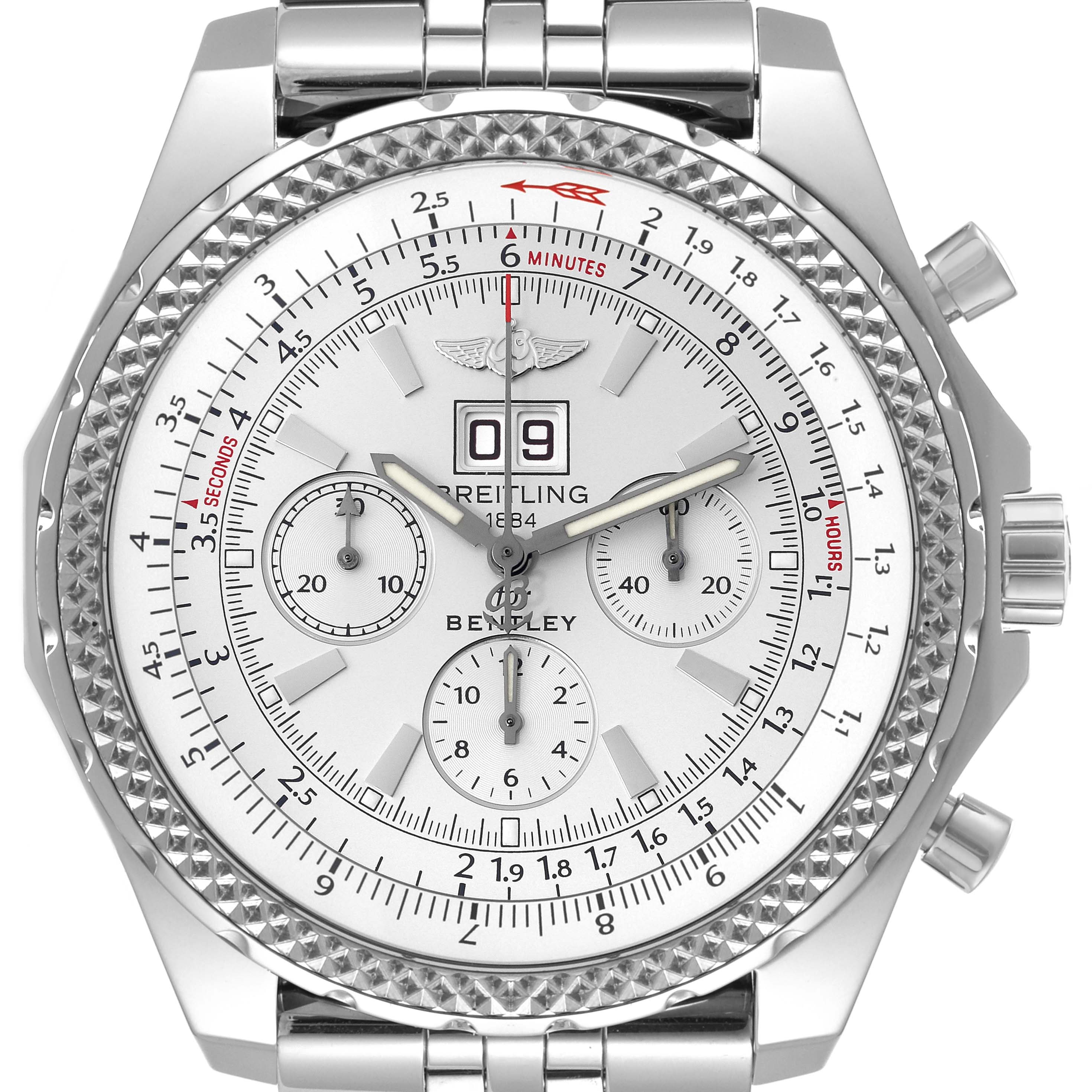 The Breitling Bentley A44362 Men's Stainless Steel Silver Dial A44362 Men's Stainless Steel Silver Dial model watch is shown from a top-down angle, highlighting its face, bezel, and parts of the bracelet.