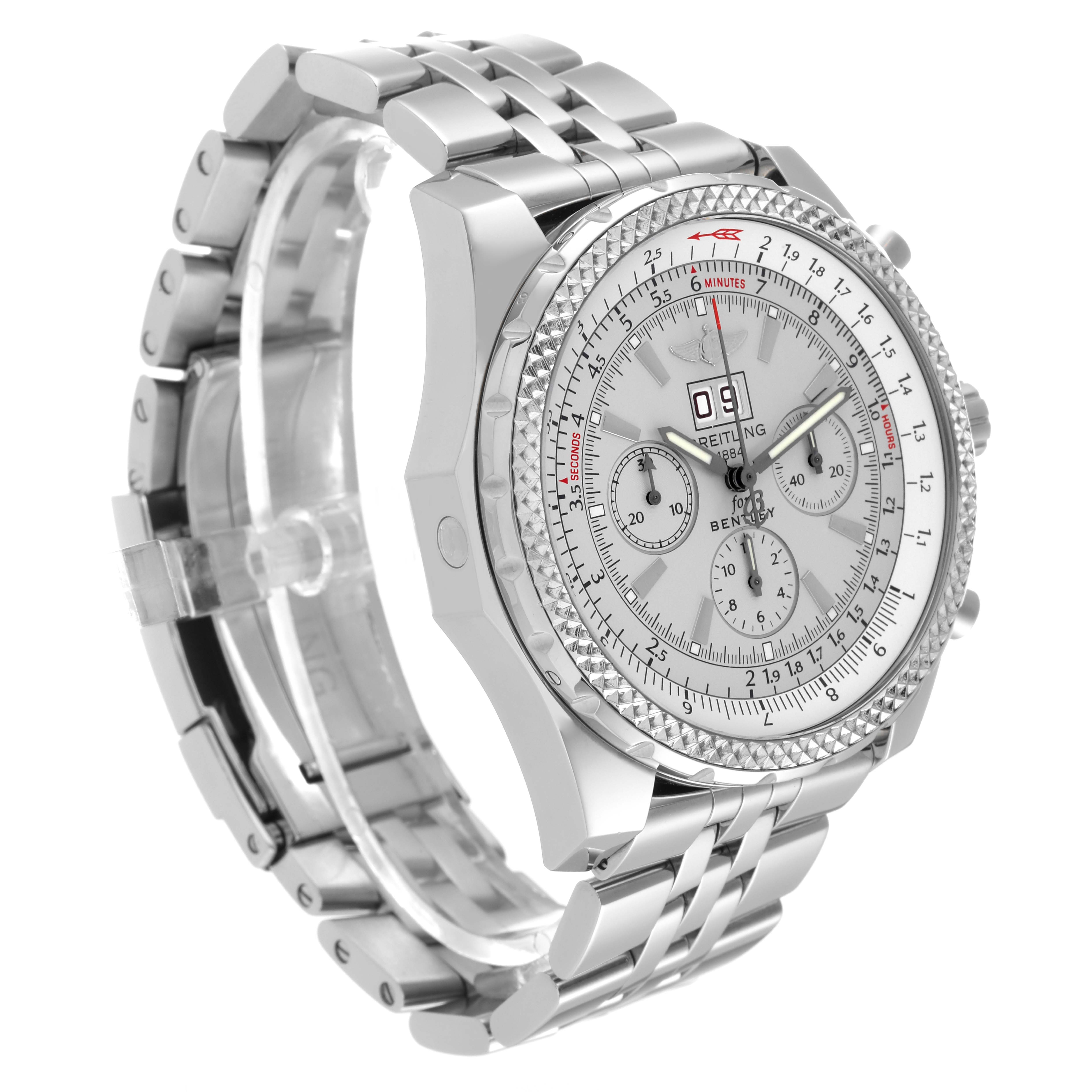The image shows a side angle view of the Breitling Bentley A44362 Men's Stainless Steel Silver Dial A44362 Men's Stainless Steel Silver Dial model watch featuring the bracelet, case, and dial.