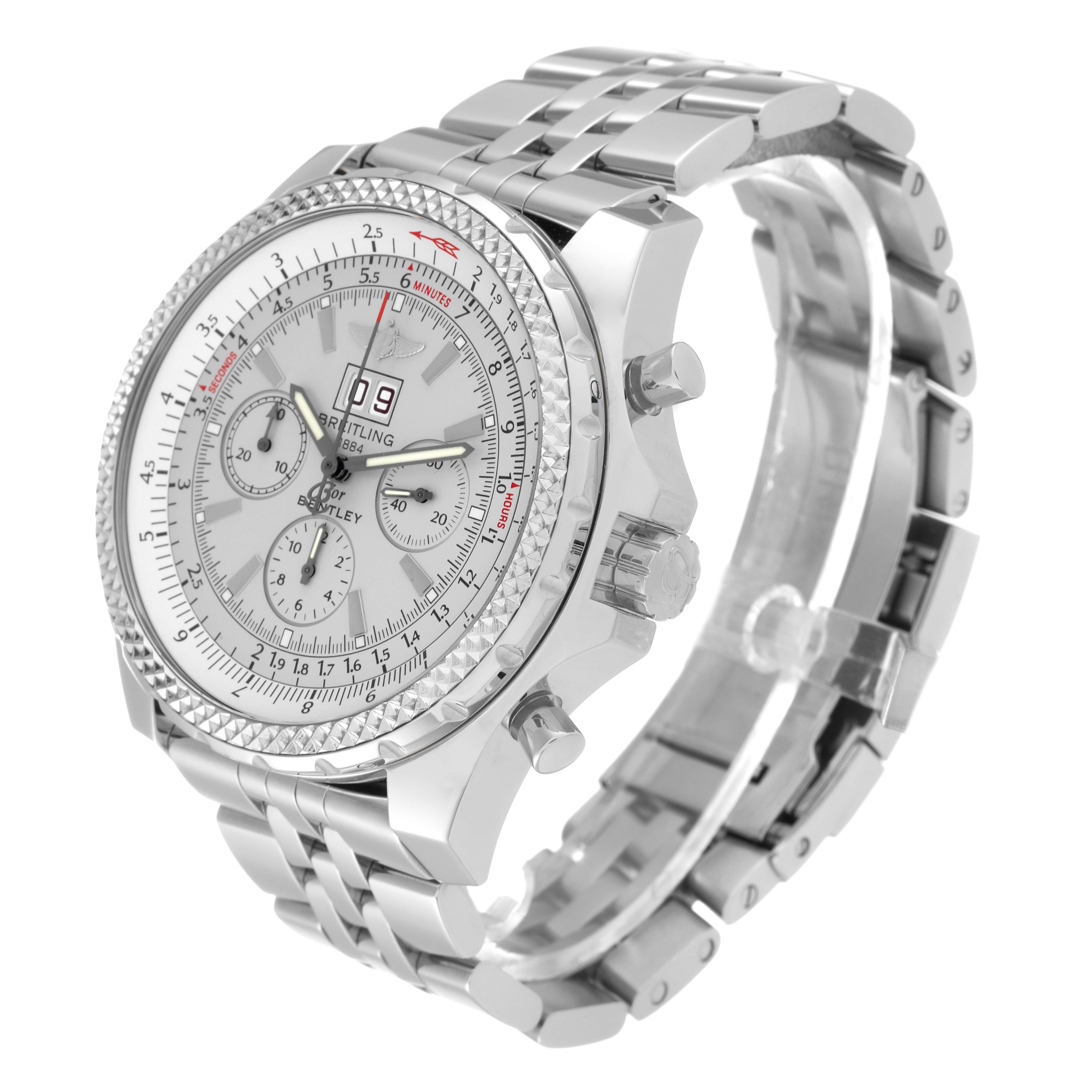 The image shows a Breitling Bentley A44362 Men's Stainless Steel Silver Dial A44362 Men's Stainless Steel Silver Dial watch at an angled view, highlighting the face, dial, bezel, crown, and bracelet.