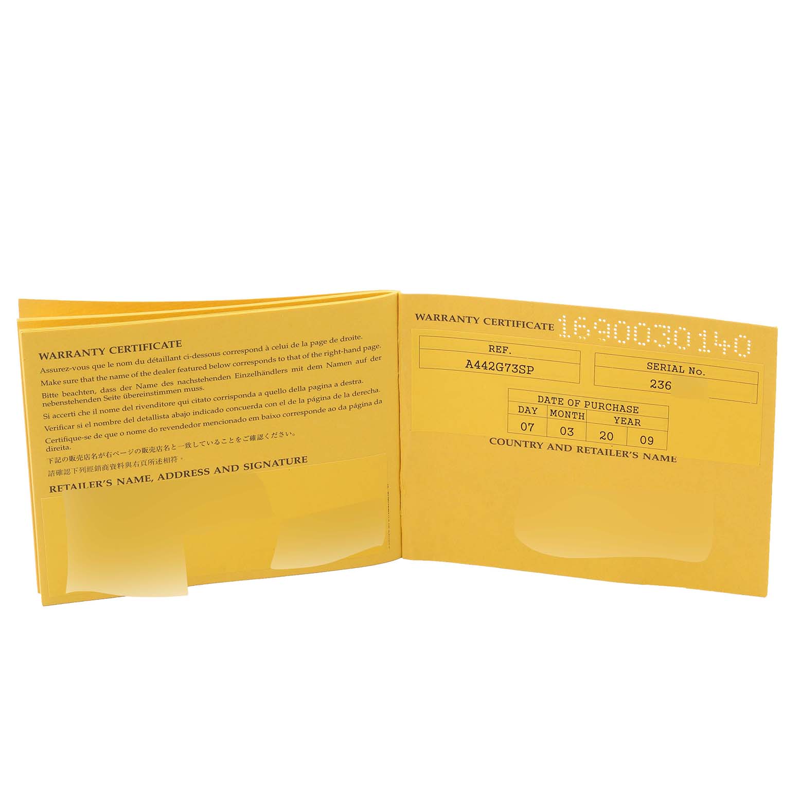 This image shows the opened warranty certificate booklet for the Breitling Bentley A44362 Men's Stainless Steel Silver Dial A44362 Men's Stainless Steel Silver Dial model watch.