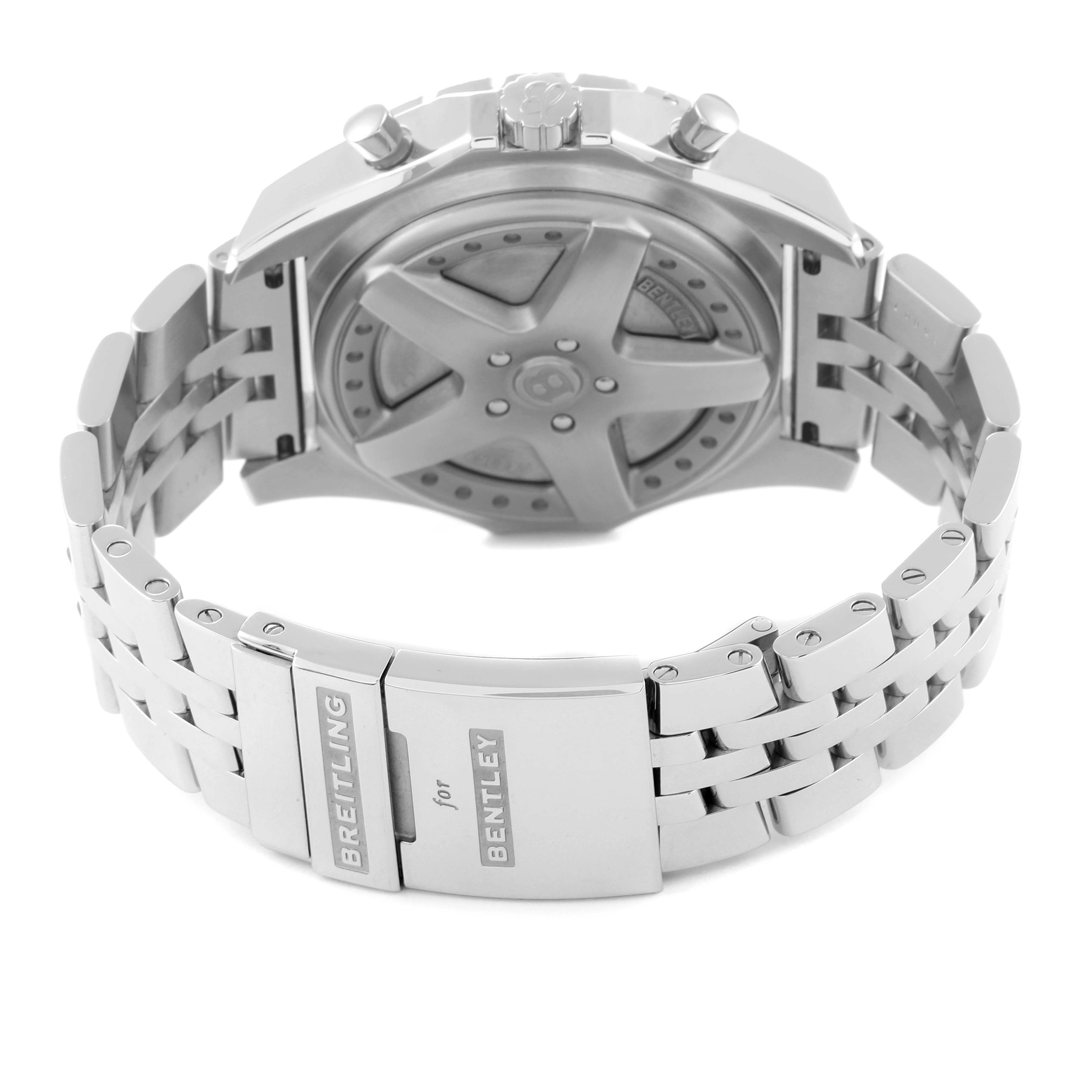 The image shows the back case and bracelet clasp of a Bentley model watch by Breitling.