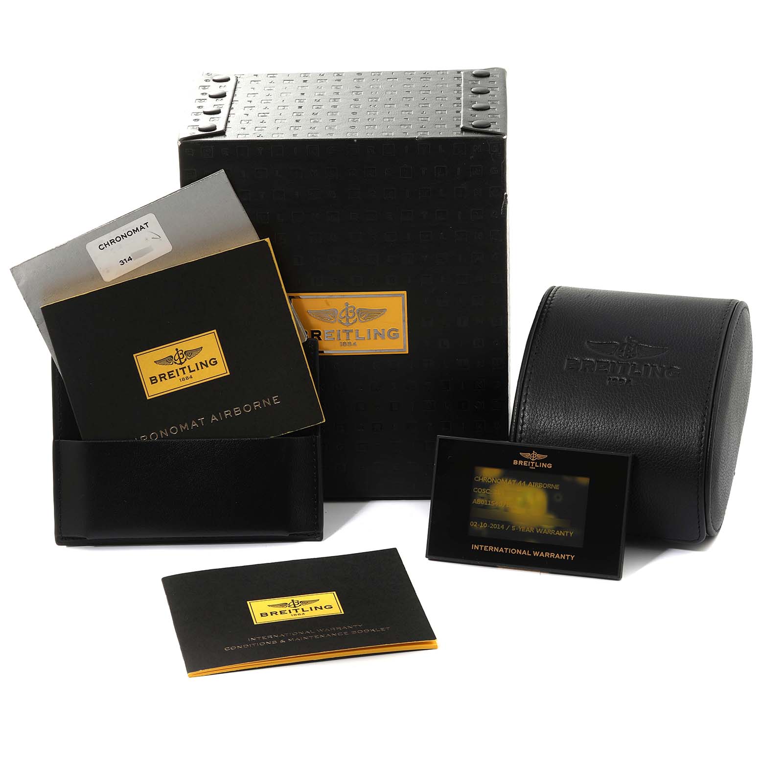 This image shows the Breitling Chronomat AB01154G/BD13 Men's Stainless Steel Black Dial AB01154G/BD13 Men's Stainless Steel Black Dial watch packaging, manuals, warranty card, and a black leatherette watch pouch.