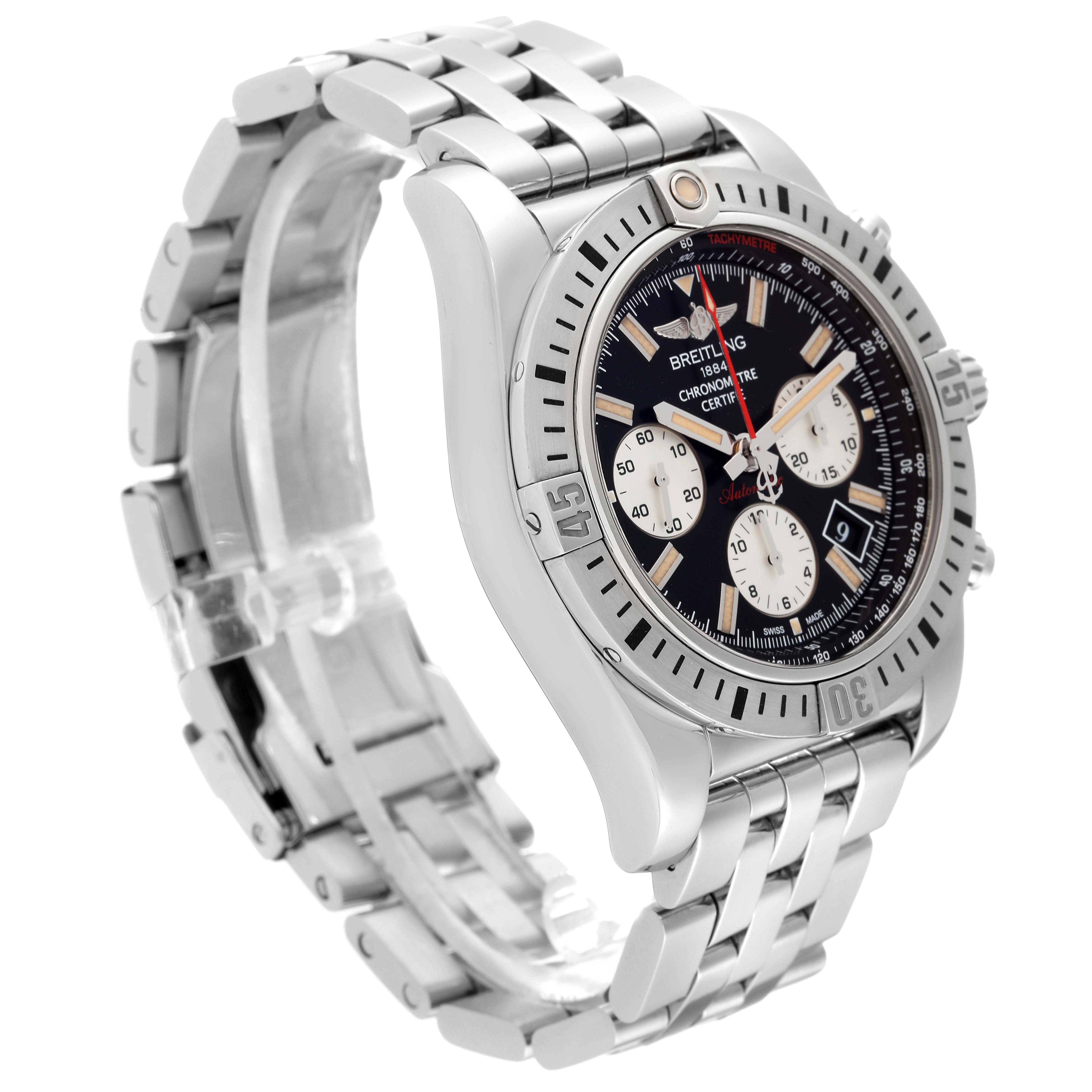 The image shows a side angle of the Breitling Chronomat AB01154G/BD13 Men's Stainless Steel Black Dial AB01154G/BD13 Men's Stainless Steel Black Dial watch, highlighting its stainless steel bracelet and bezel with a detailed view of the dial.