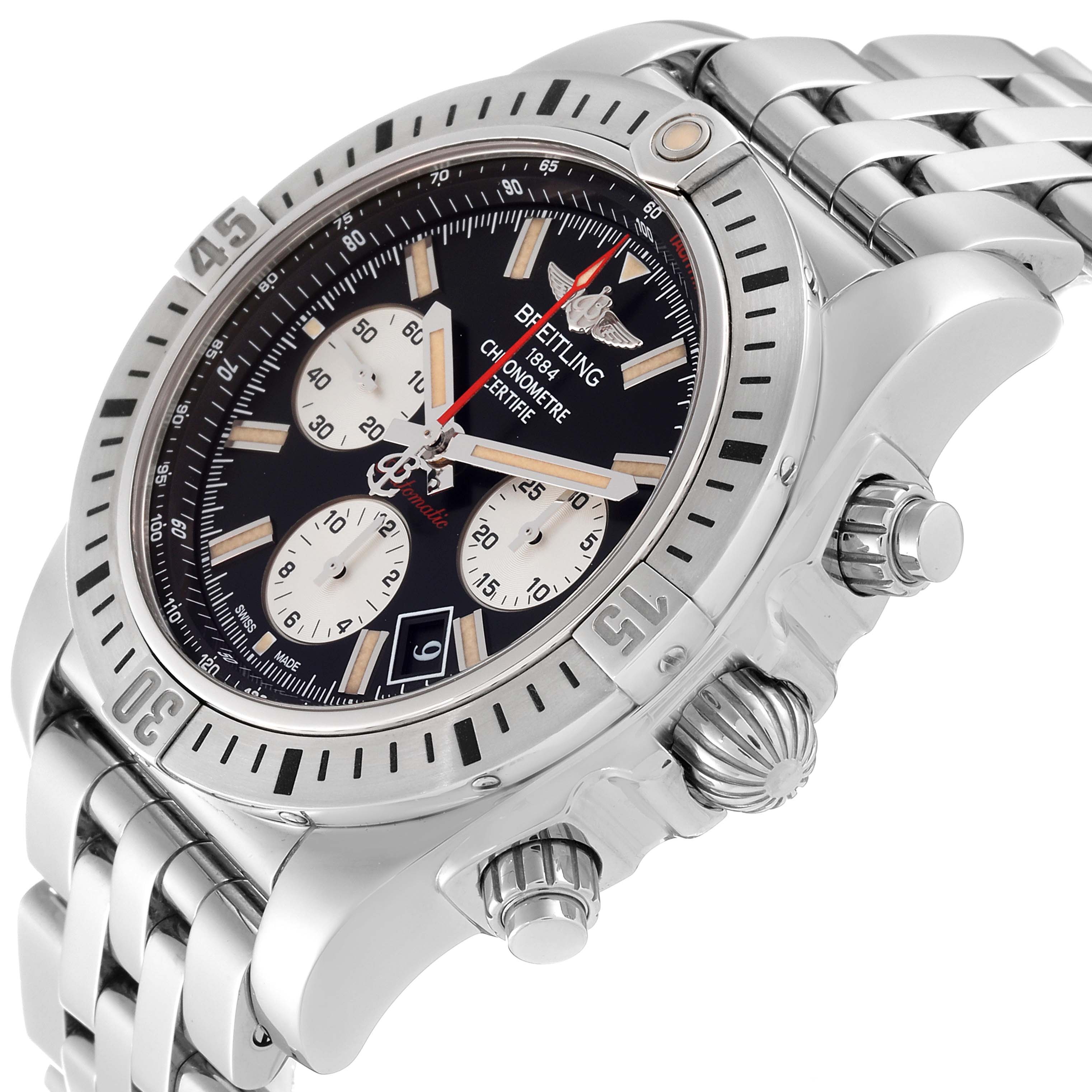 The image shows a side angle of the Breitling Chronomat AB01154G/BD13 Men's Stainless Steel Black Dial AB01154G/BD13 Men's Stainless Steel Black Dial watch, highlighting the bezel, crown, pushers, and part of the stainless steel bracelet.