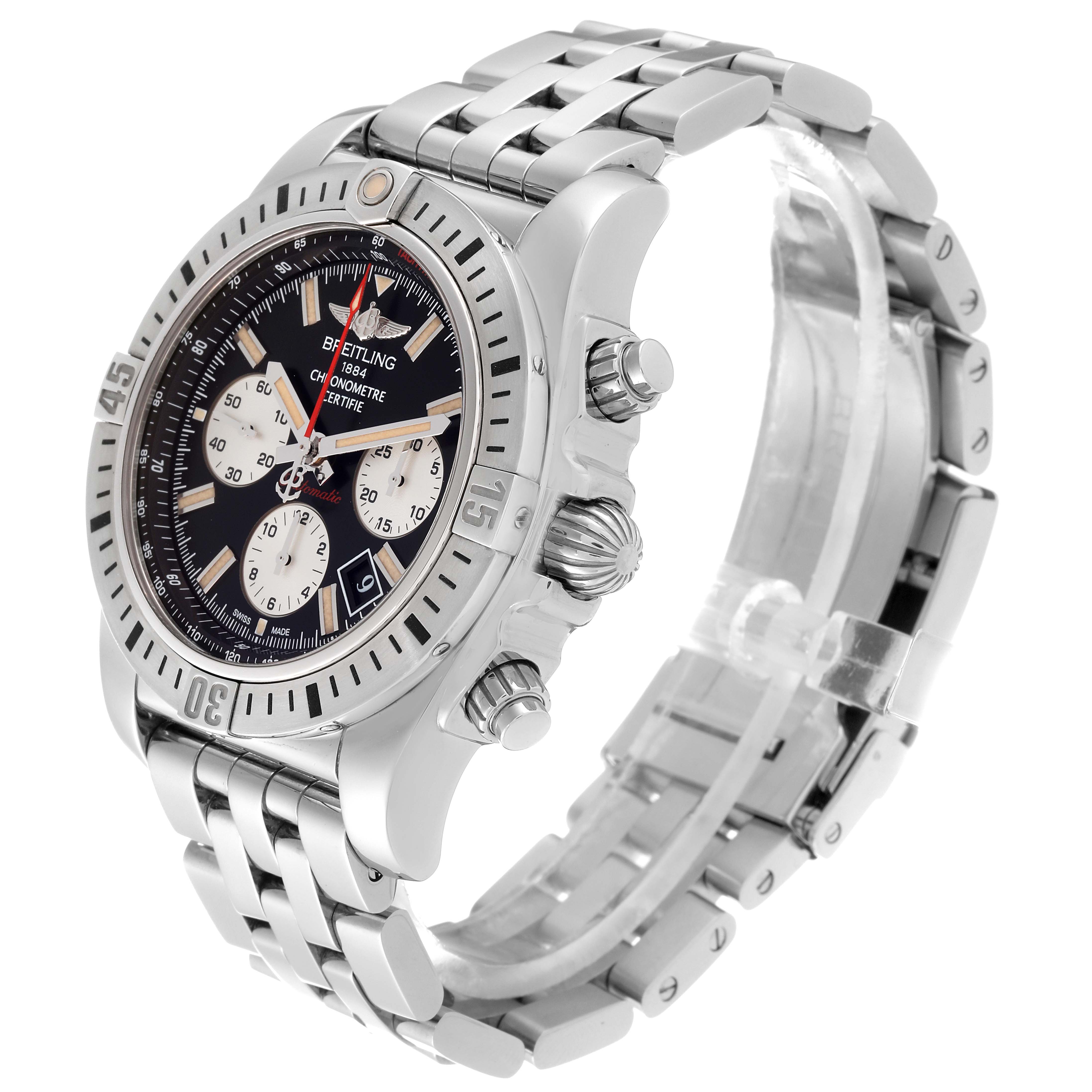 The image shows a Breitling Chronomat AB01154G/BD13 Men's Stainless Steel Black Dial AB01154G/BD13 Men's Stainless Steel Black Dial watch angled from the front-right side, displaying the face, bezel, pushers, and metal bracelet.