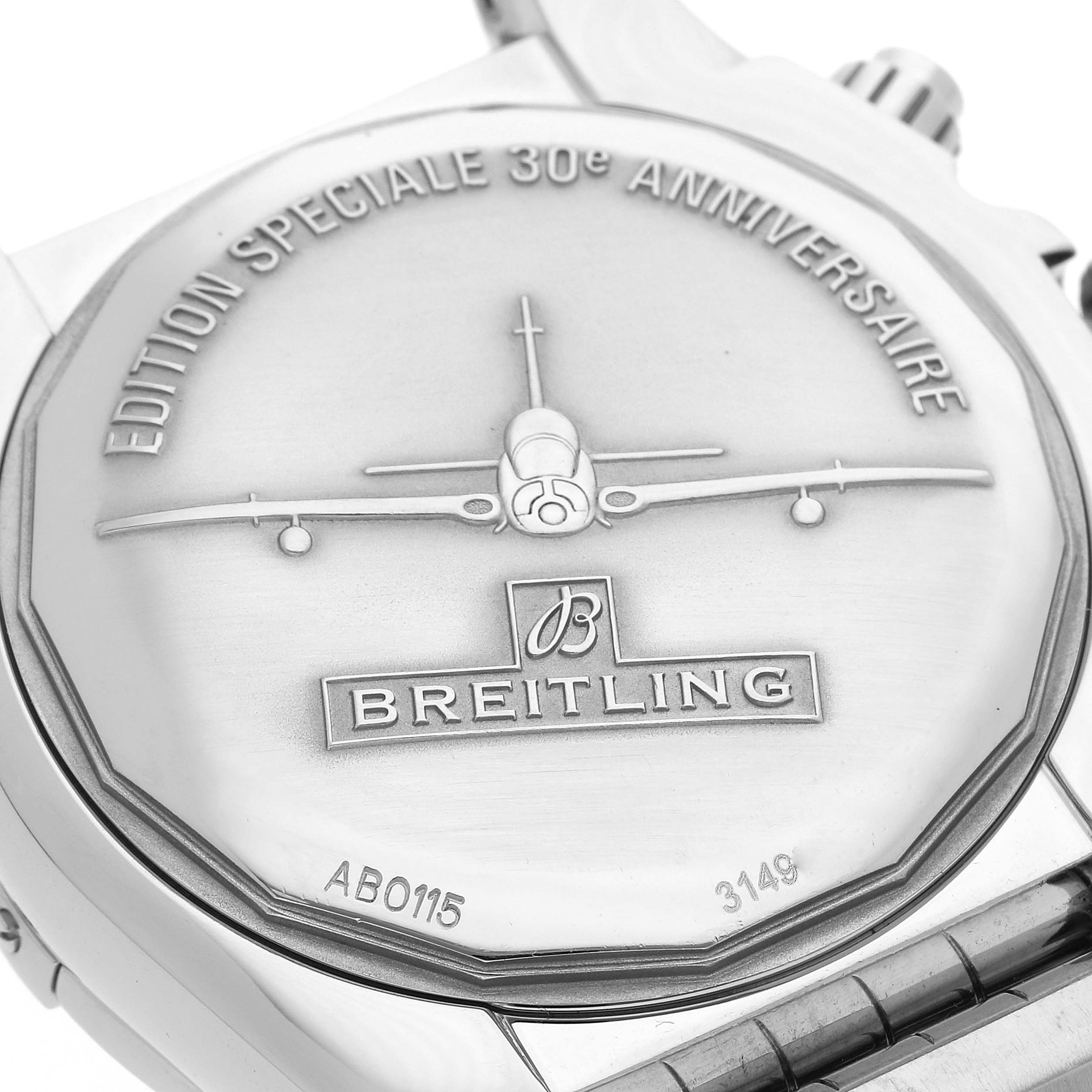 This image shows the back of a Breitling Chronomat AB01154G/BD13 Men's Stainless Steel Black Dial AB01154G/BD13 Men's Stainless Steel Black Dial watch, featuring the brand's engraving and special edition details.