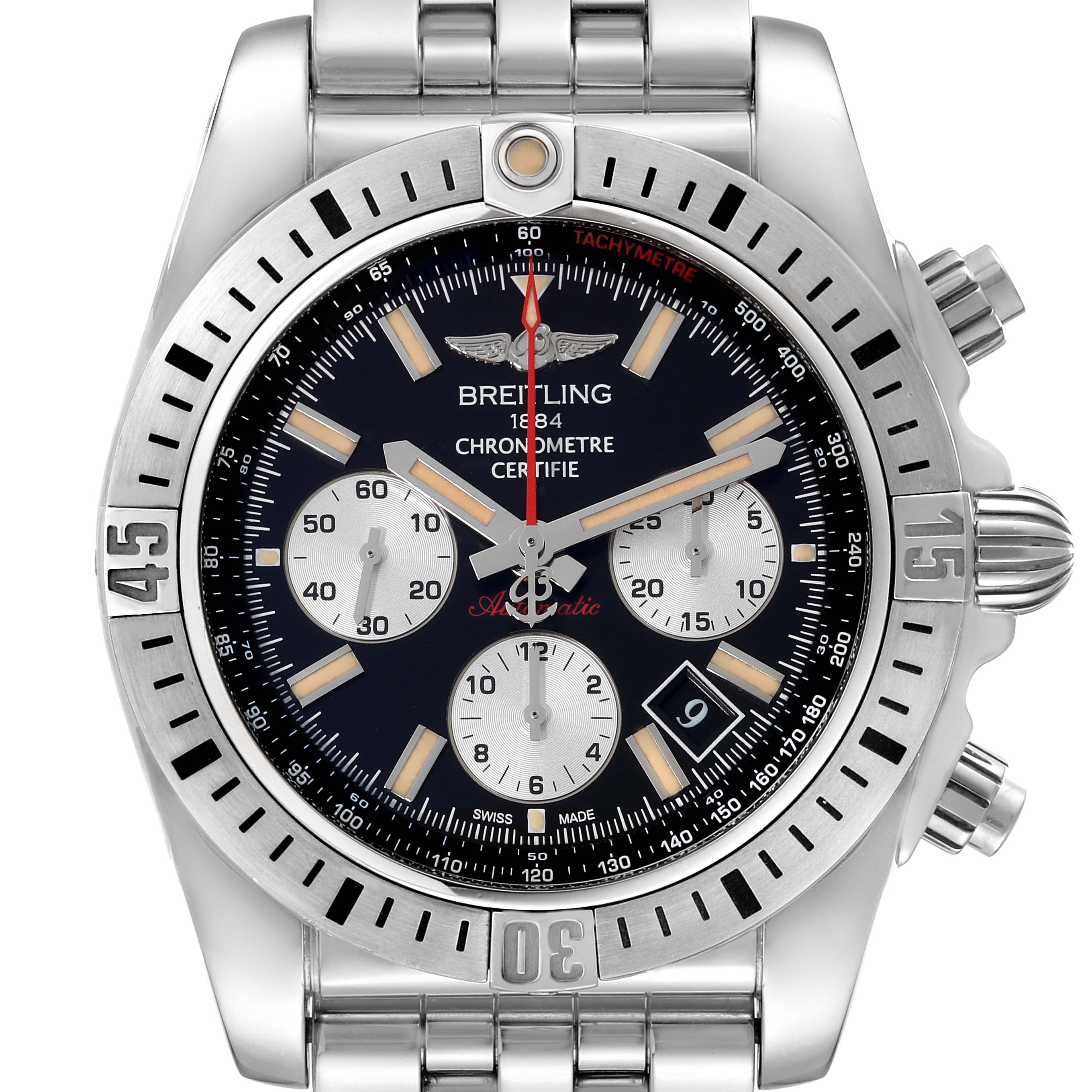 The image shows a frontal view of a Breitling Chronomat AB01154G/BD13 Men's Stainless Steel Black Dial AB01154G/BD13 Men's Stainless Steel Black Dial watch, displaying the dial, bezel, and bracelet.