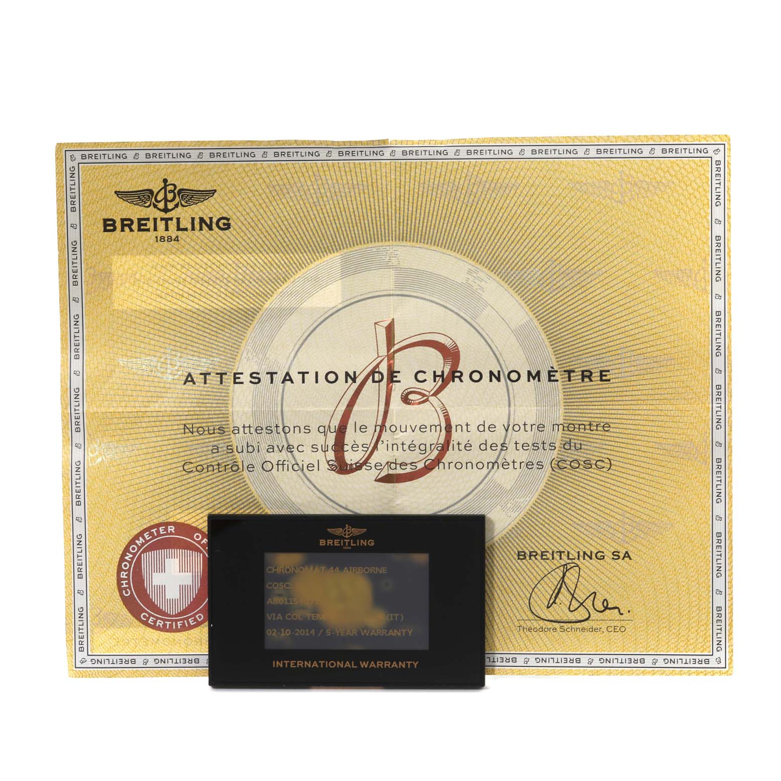 This image shows the warranty card and certificate of chronometer for a Breitling Chronomat AB01154G/BD13 Men's Stainless Steel Black Dial AB01154G/BD13 Men's Stainless Steel Black Dial watch.