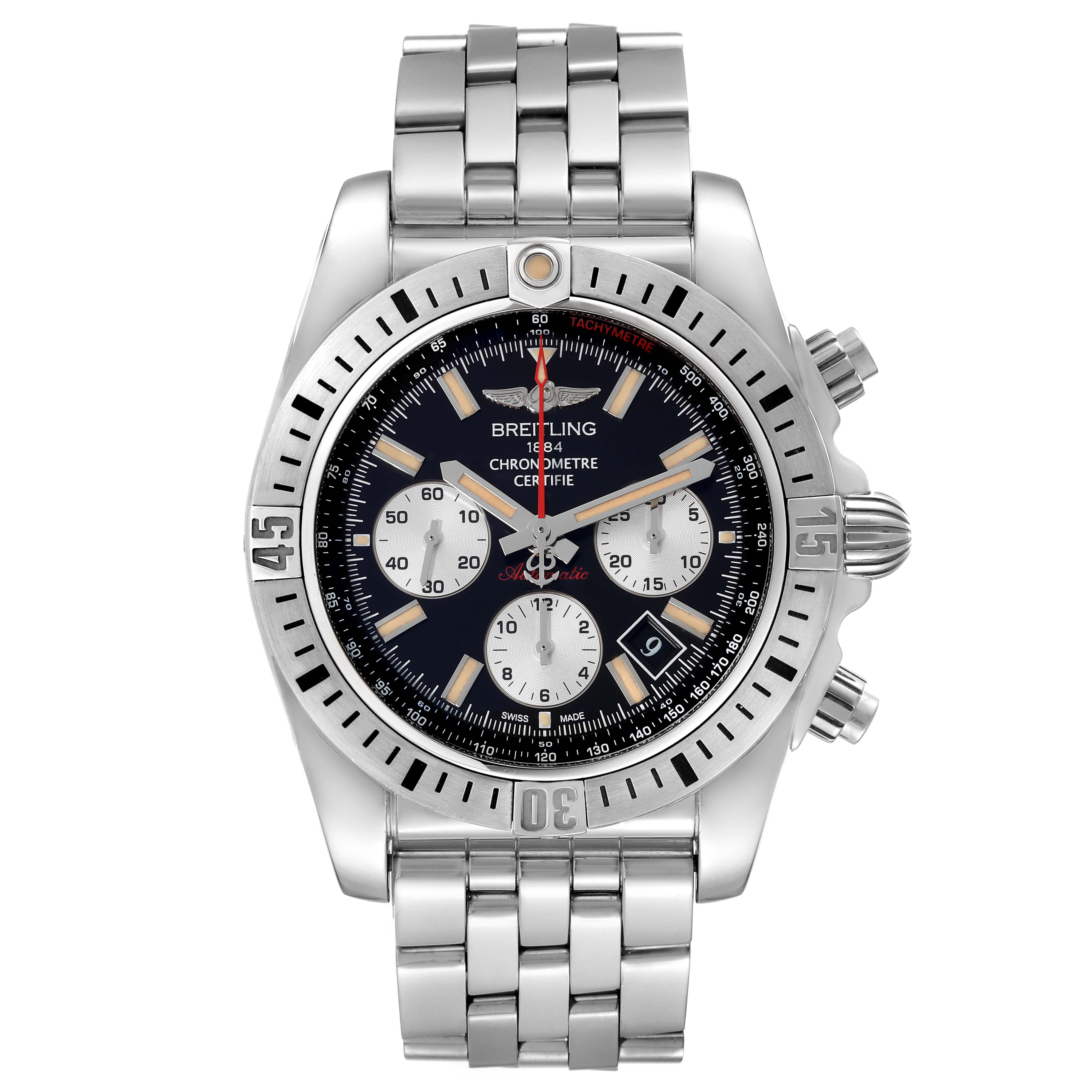 The Breitling Chronomat AB01154G/BD13 Men's Stainless Steel Black Dial AB01154G/BD13 Men's Stainless Steel Black Dial watch is shown from a front angle, displaying its face, bezel, and metal bracelet.