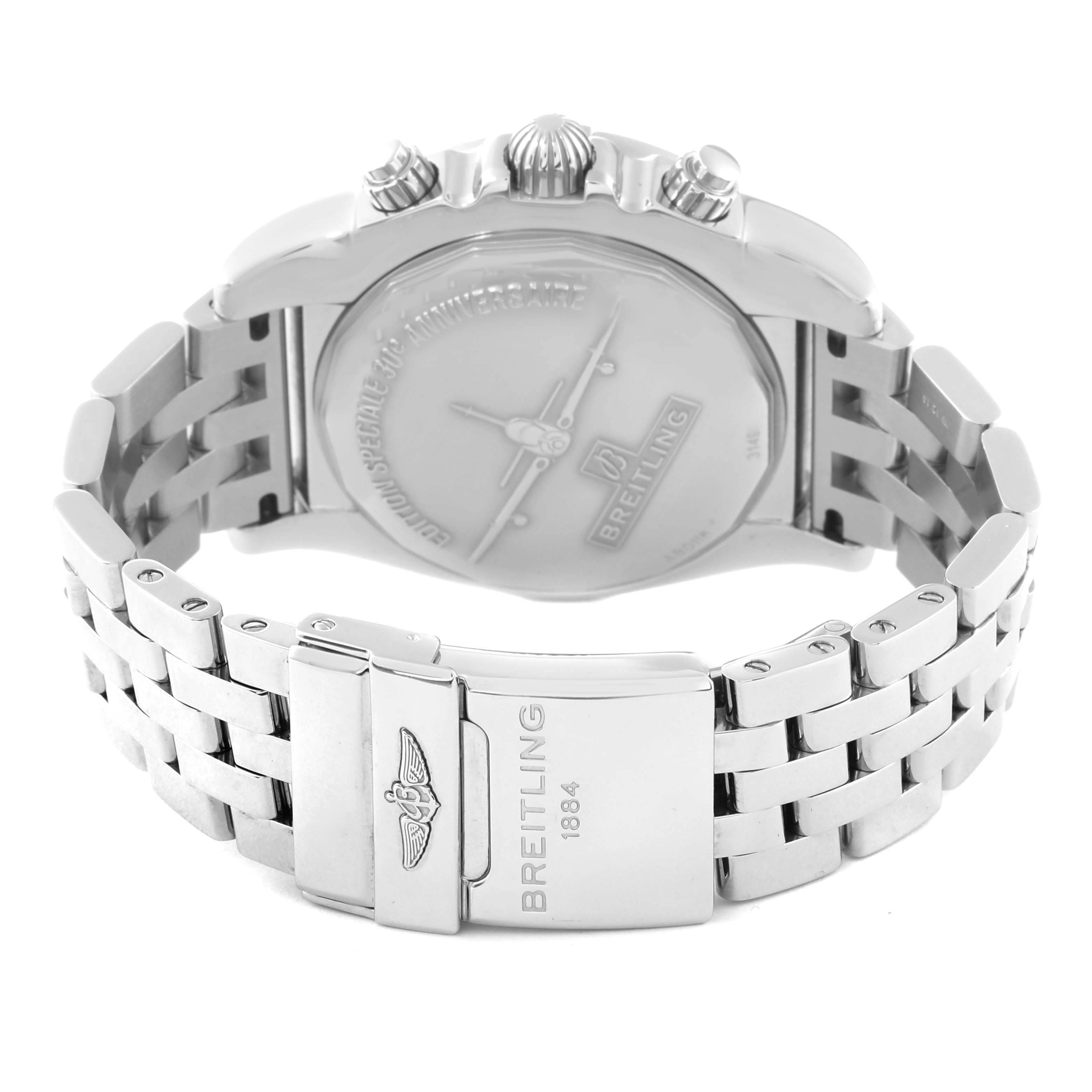 The back view of the Breitling Chronomat AB01154G/BD13 Men's Stainless Steel Black Dial AB01154G/BD13 Men's Stainless Steel Black Dial watch shows the clasp, case back, and bracelet.