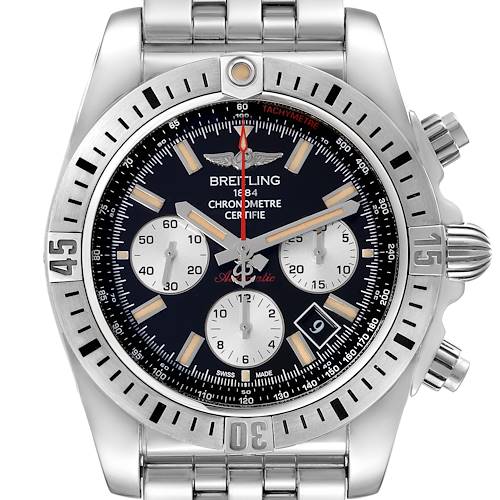 The image shows a front view of the Breitling Chronomat watch, displaying its face, bezel, and bracelet.