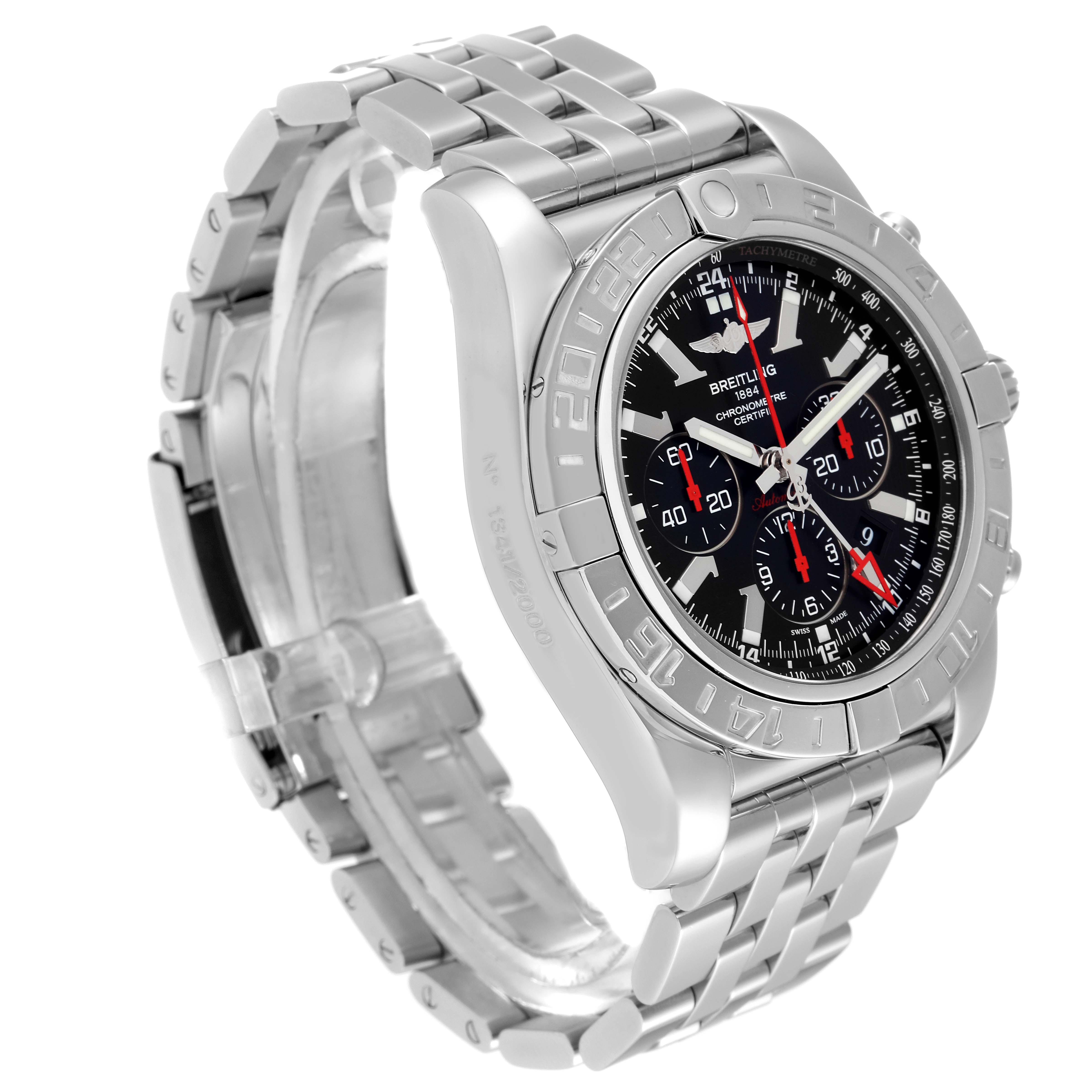 The Breitling Chronomat AB041210/BB48 - 384A Men's Stainless Steel Black Dial AB041210/BB48 - 384A Men's Stainless Steel Black Dial watch is displayed at an oblique angle showing the face, bezel, and metal bracelet.