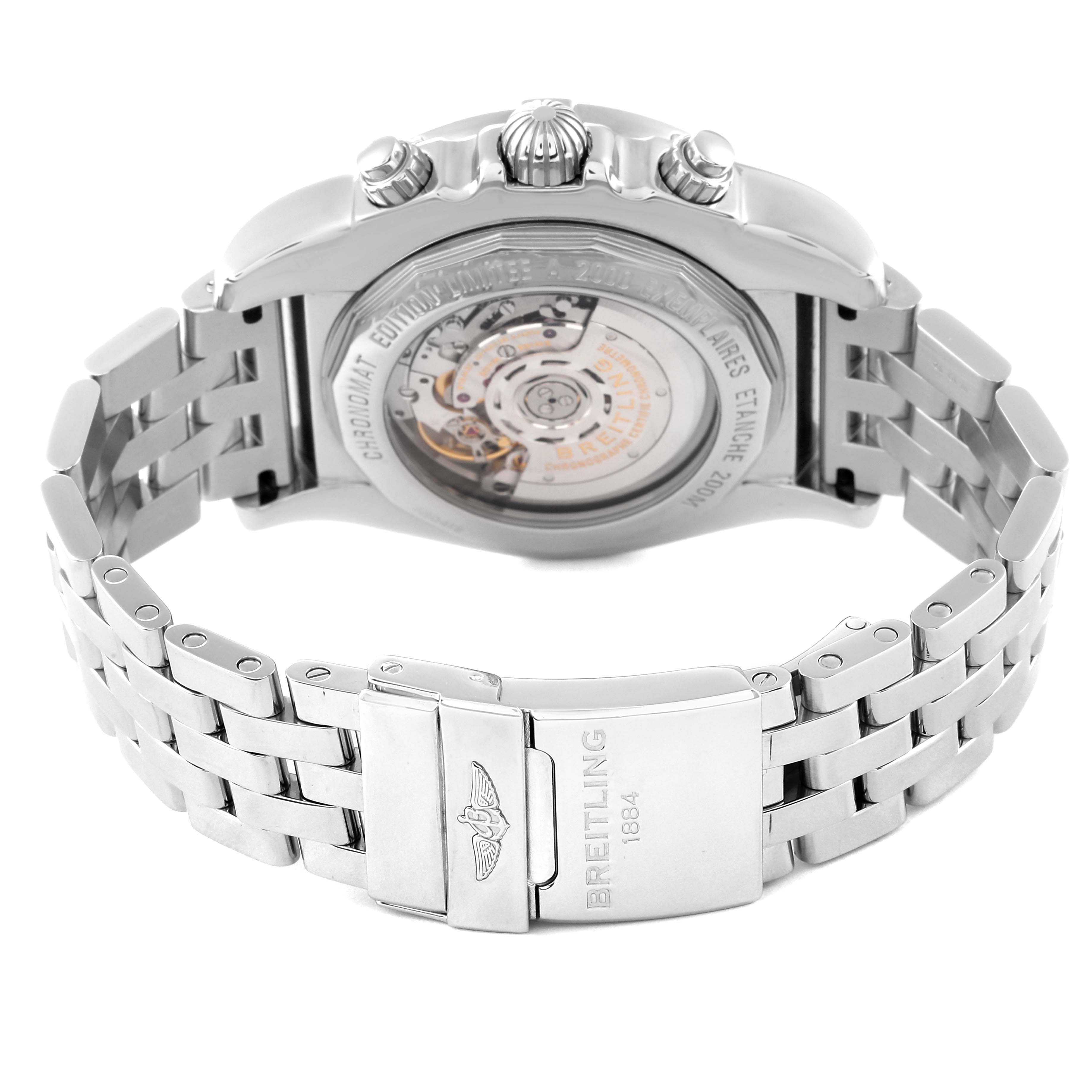 The image shows the back view of the Breitling Chronomat AB041210/BB48 - 384A Men's Stainless Steel Black Dial AB041210/BB48 - 384A Men's Stainless Steel Black Dial watch, highlighting the bracelet, clasp, and transparent case back.