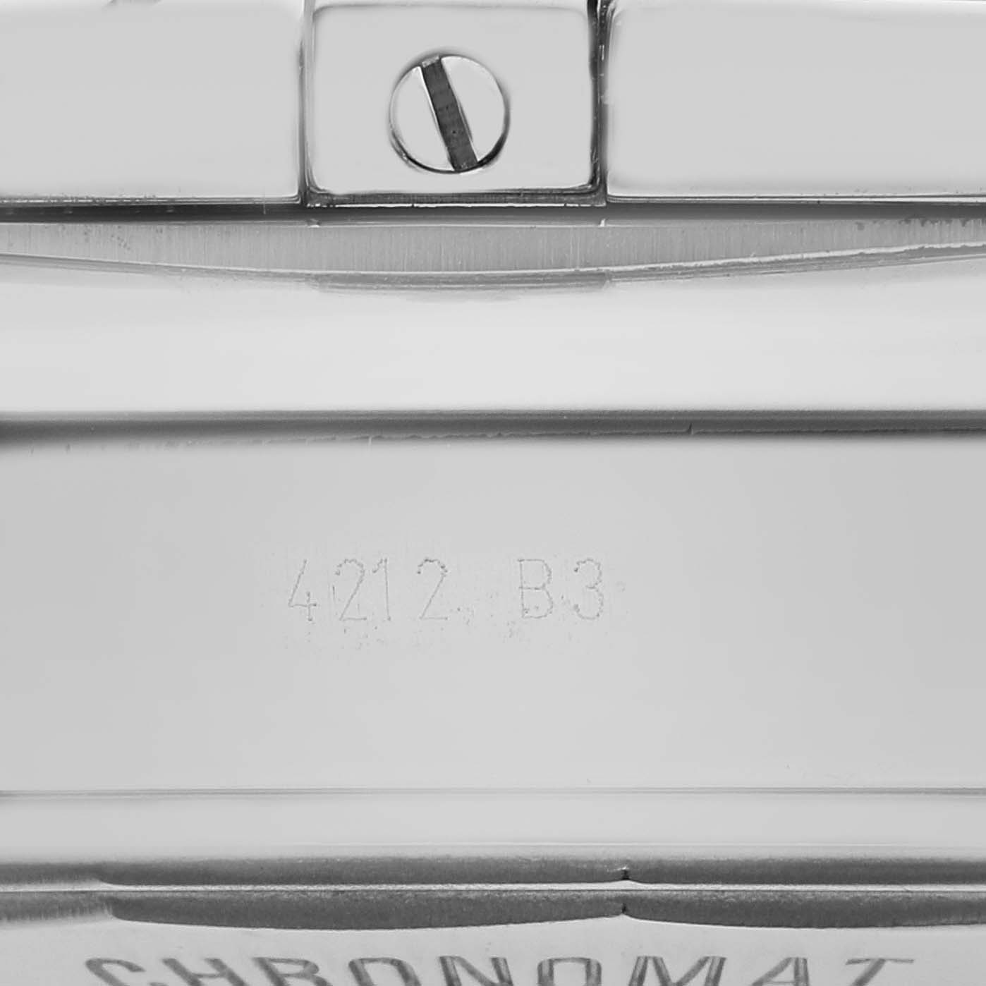 The image shows a close-up of the clasp and part of the casing's rear, revealing the model number and part of the branding for the Breitling Chronomat AB041210/BB48 - 384A Men's Stainless Steel Black Dial AB041210/BB48 - 384A Men's Stainless Steel Black Dial watch.