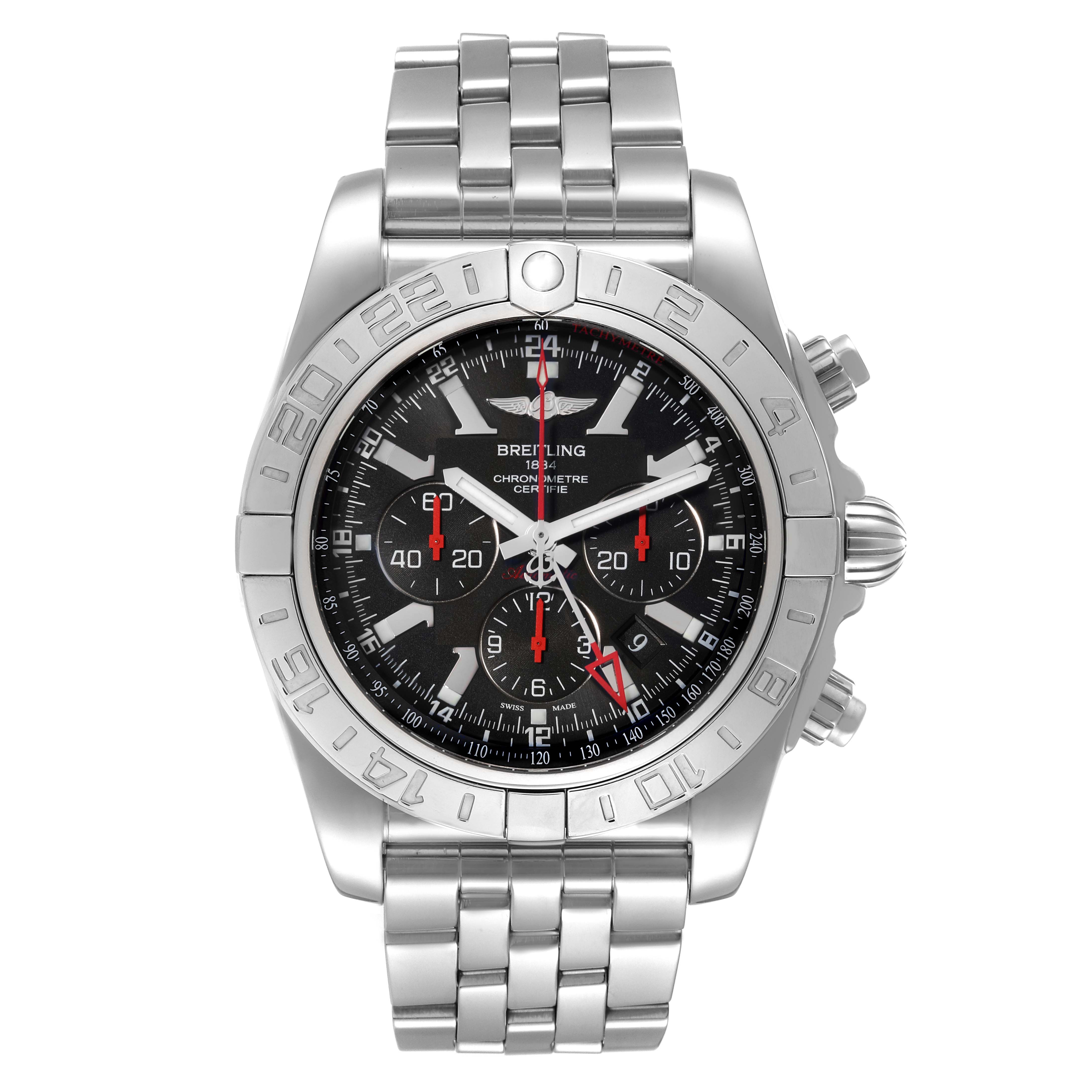 The image shows a frontal view of a Breitling Chronomat AB041210/BB48 - 384A Men's Stainless Steel Black Dial AB041210/BB48 - 384A Men's Stainless Steel Black Dial watch displaying its face, bezel, and metal strap.