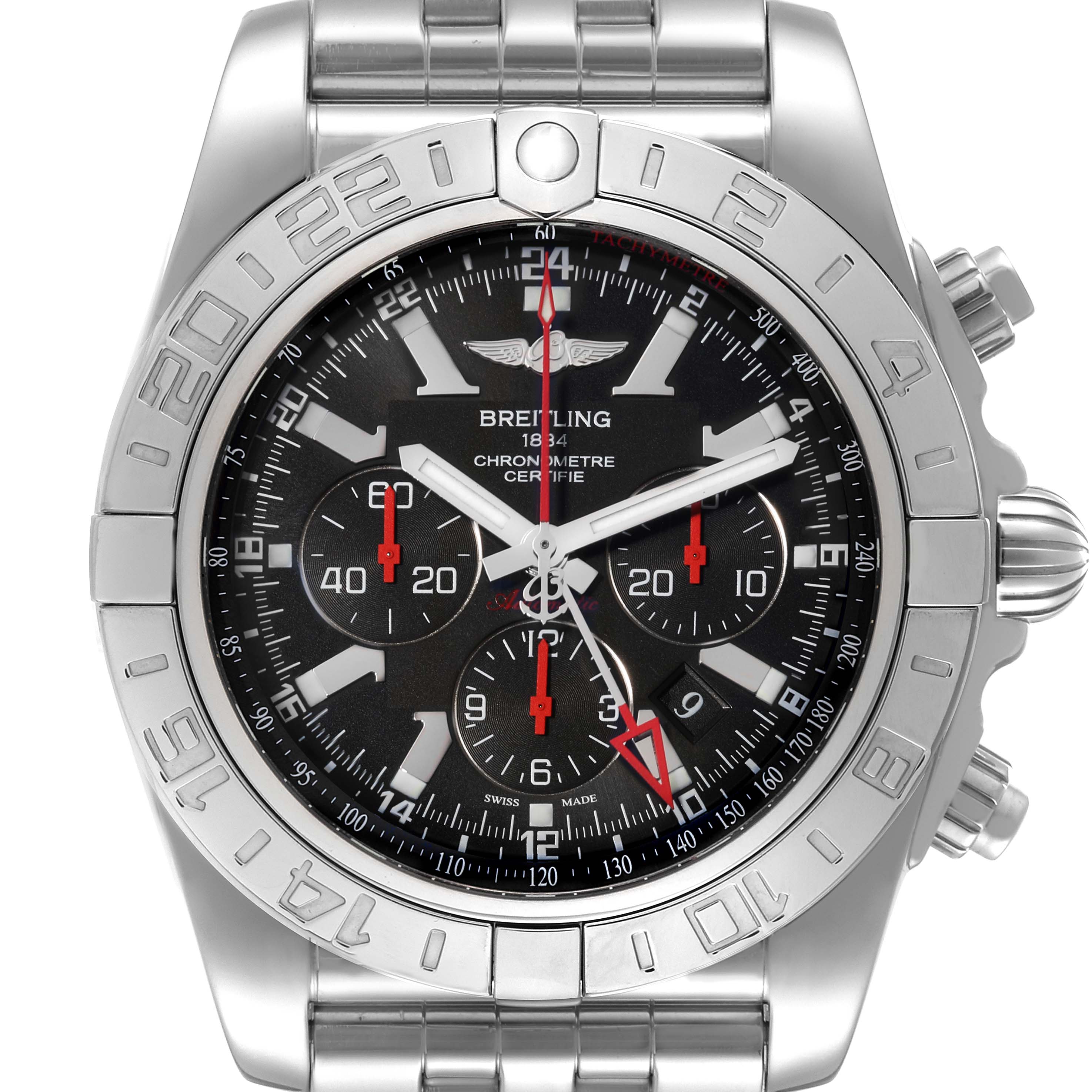 This image shows a Breitling Chronomat AB041210/BB48 - 384A Men's Stainless Steel Black Dial AB041210/BB48 - 384A Men's Stainless Steel Black Dial watch model from a front angle, displaying its face, bezel, and part of the bracelet.