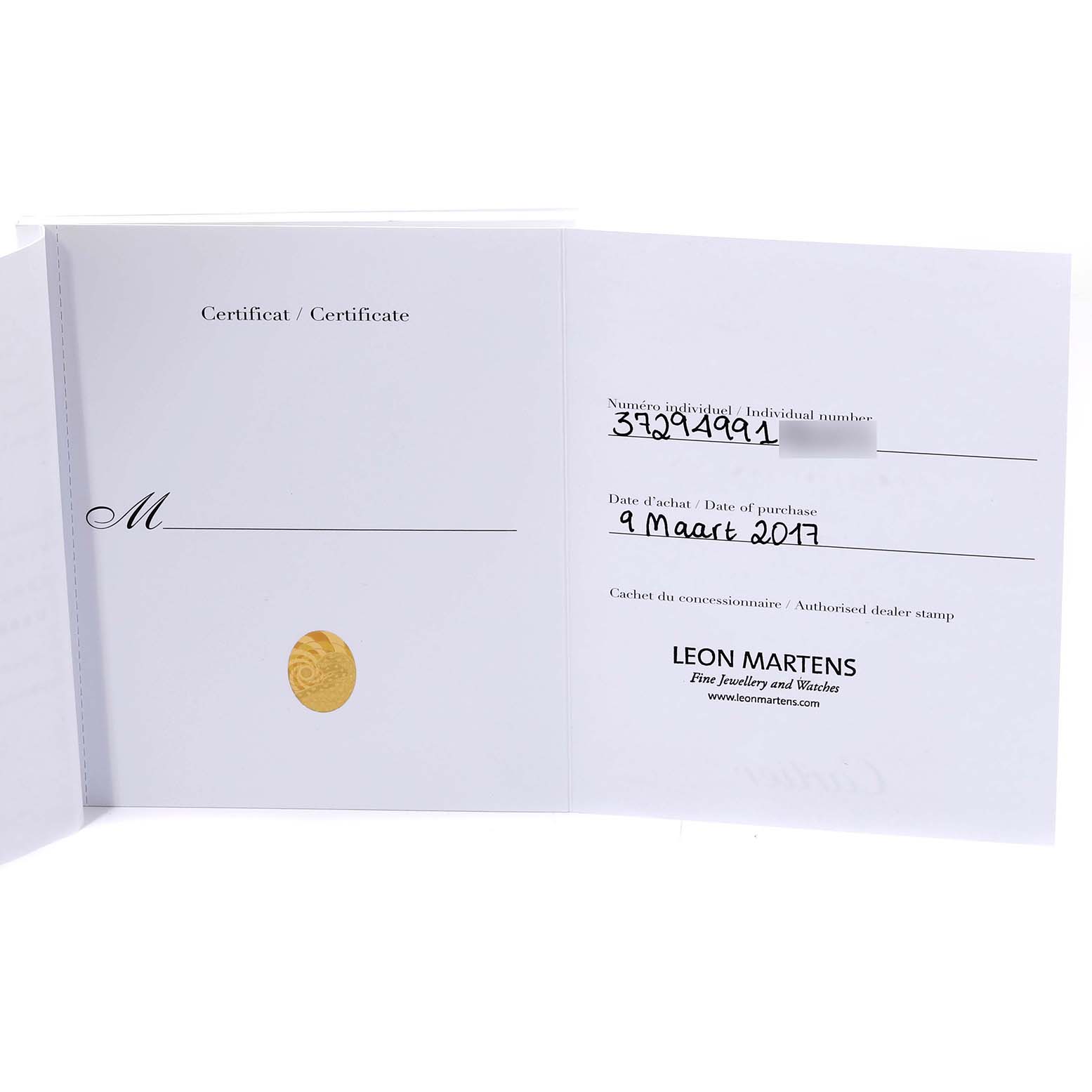 The image shows the Best Quality
ity certificate for the Calibre de Cartier model by Cartier, issued by LEON MARTENS.