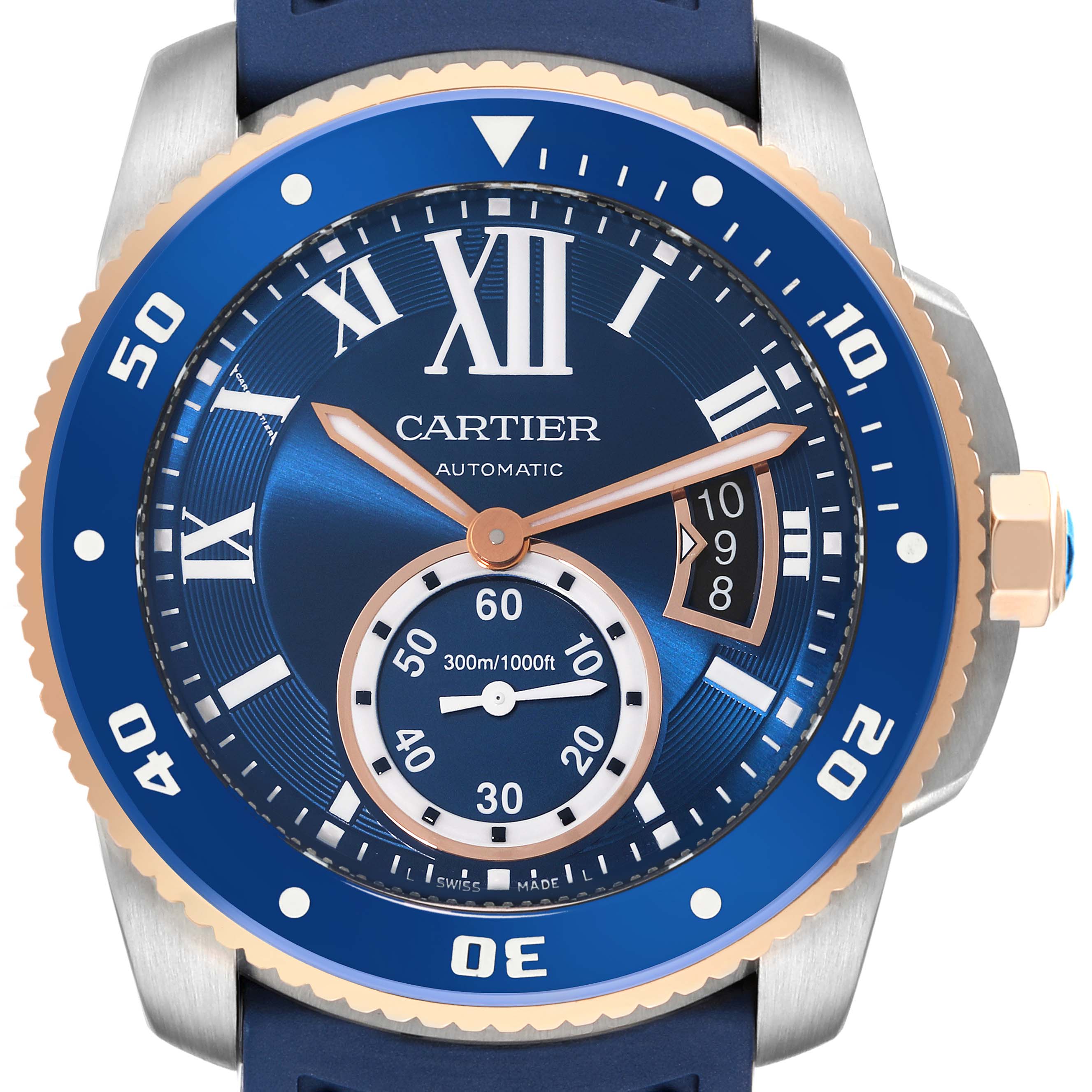 The image shows a front view of the Calibre de Cartier model by Cartier, highlighting the dial, bezel, and hands.