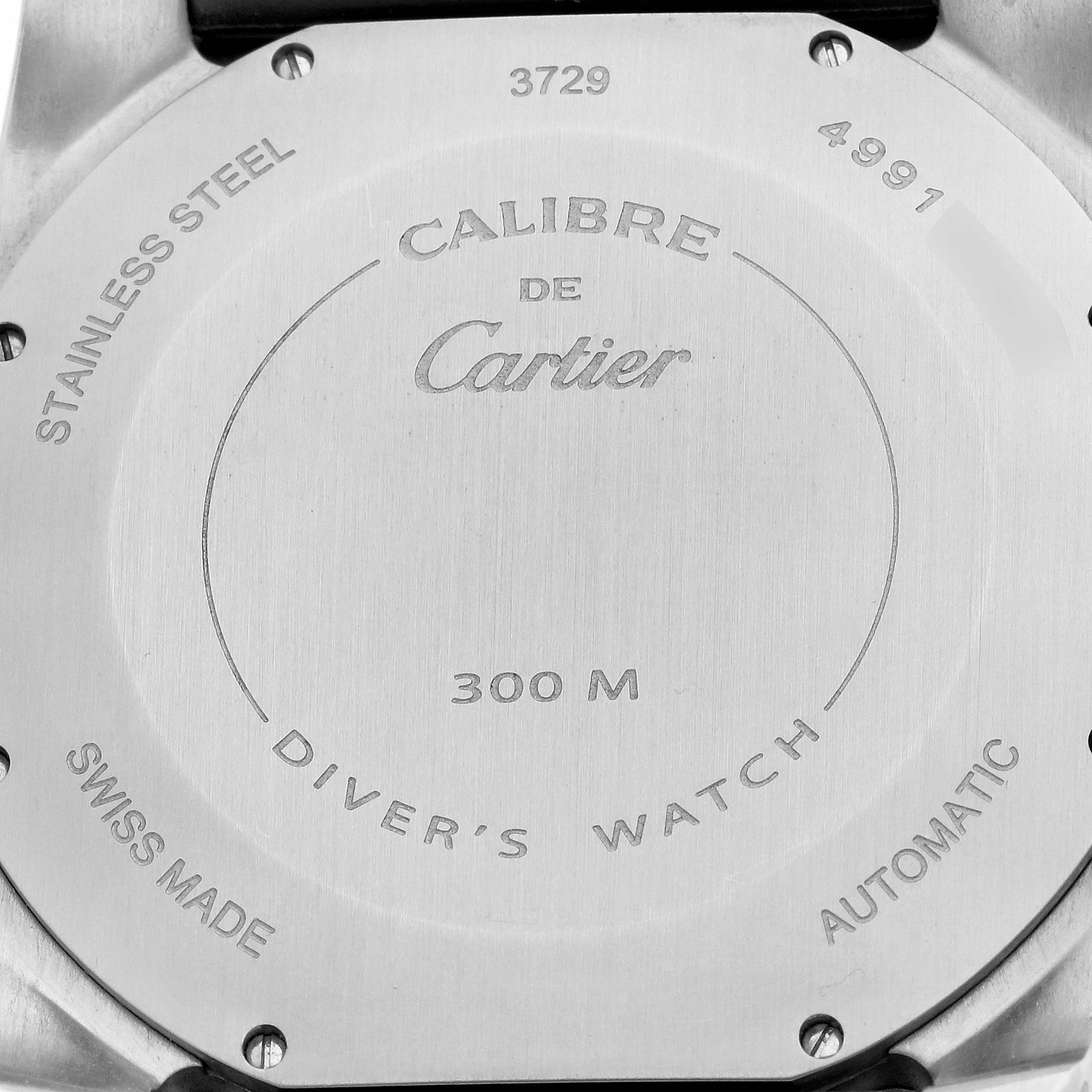 The image shows the back case of the Calibre de Cartier watch by Cartier.