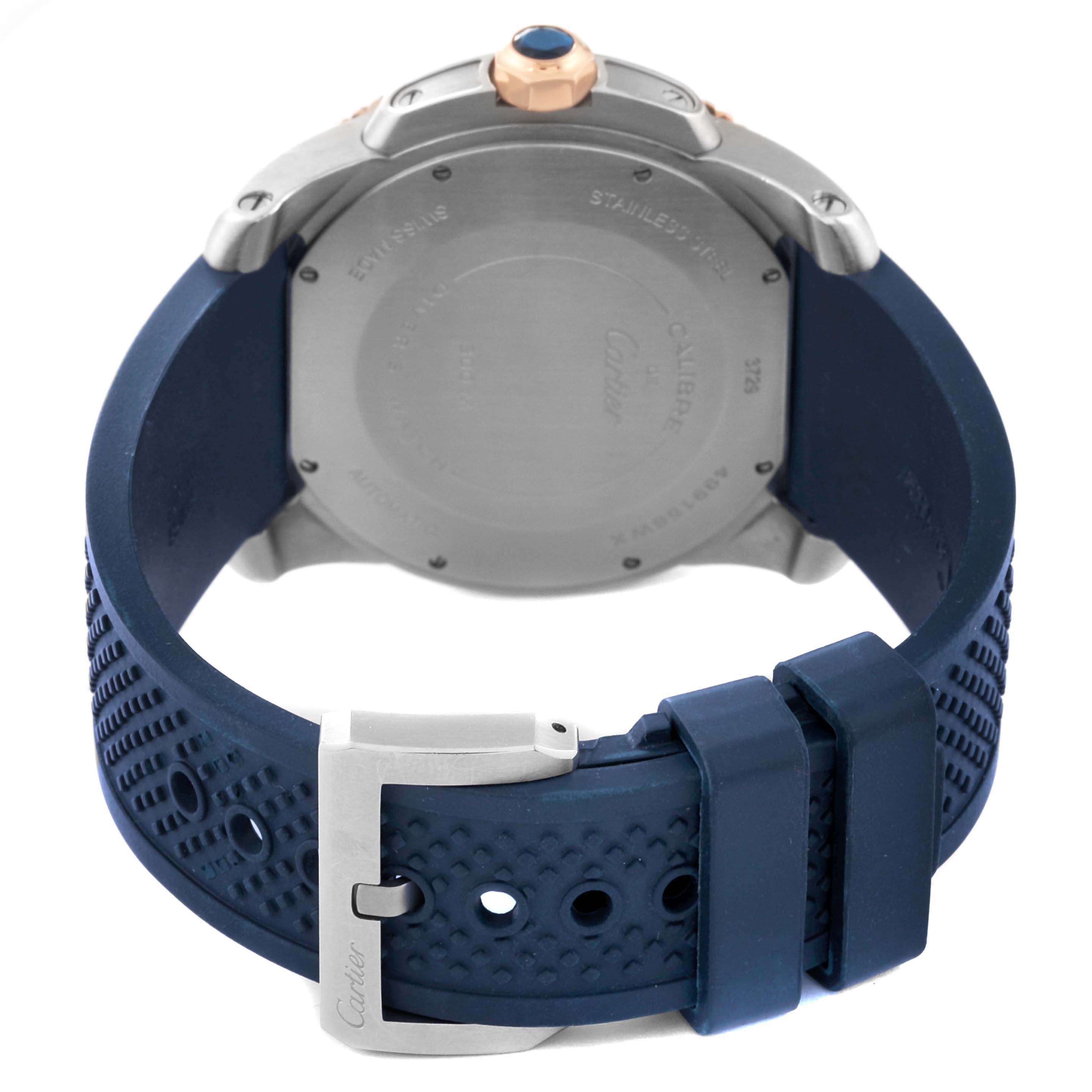 The image shows the back case and strap of the Calibre de Cartier watch by Cartier, from a rear angle.