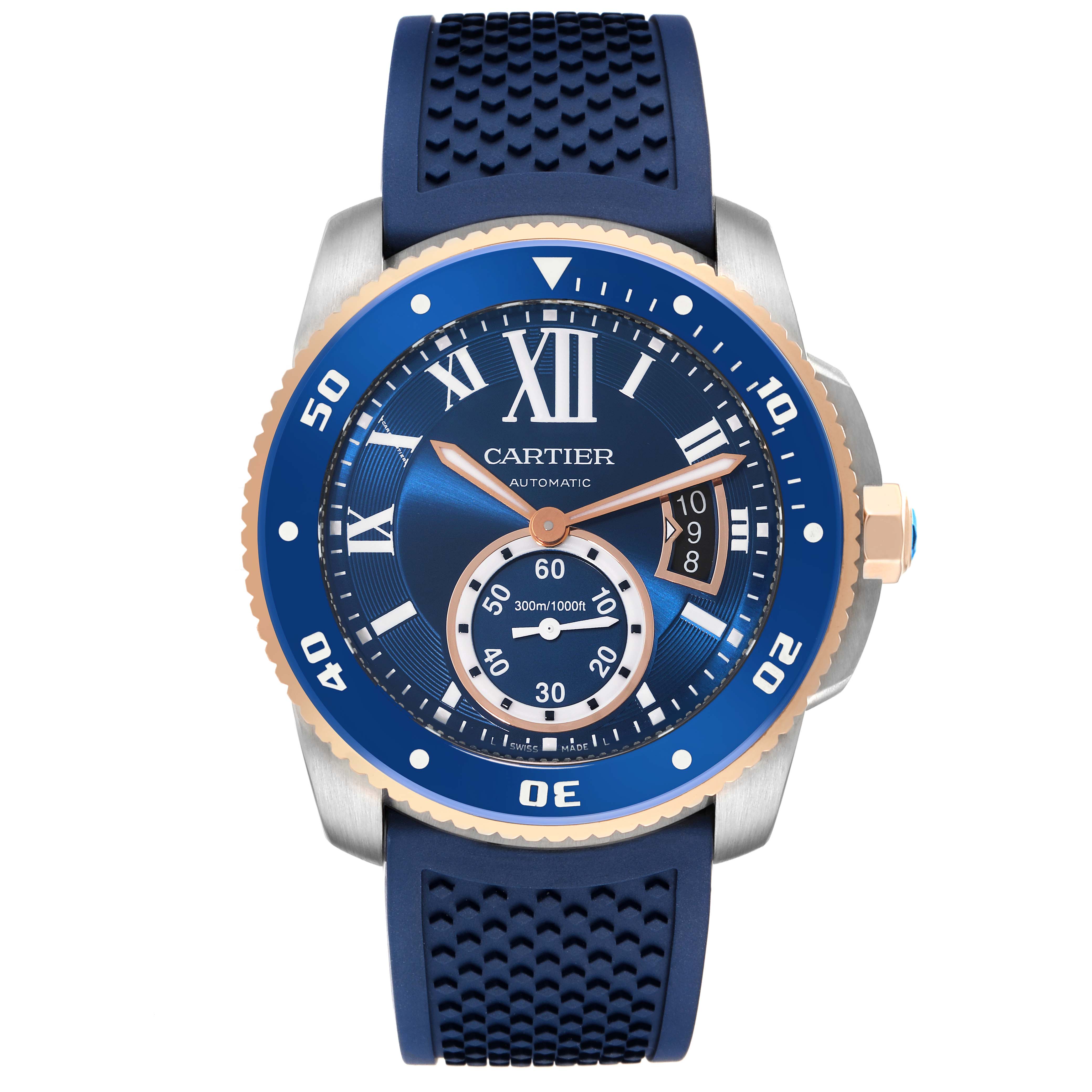 The image shows a front view of the Calibre de Cartier watch by Cartier, highlighting its dial, bezel, crown, and strap.