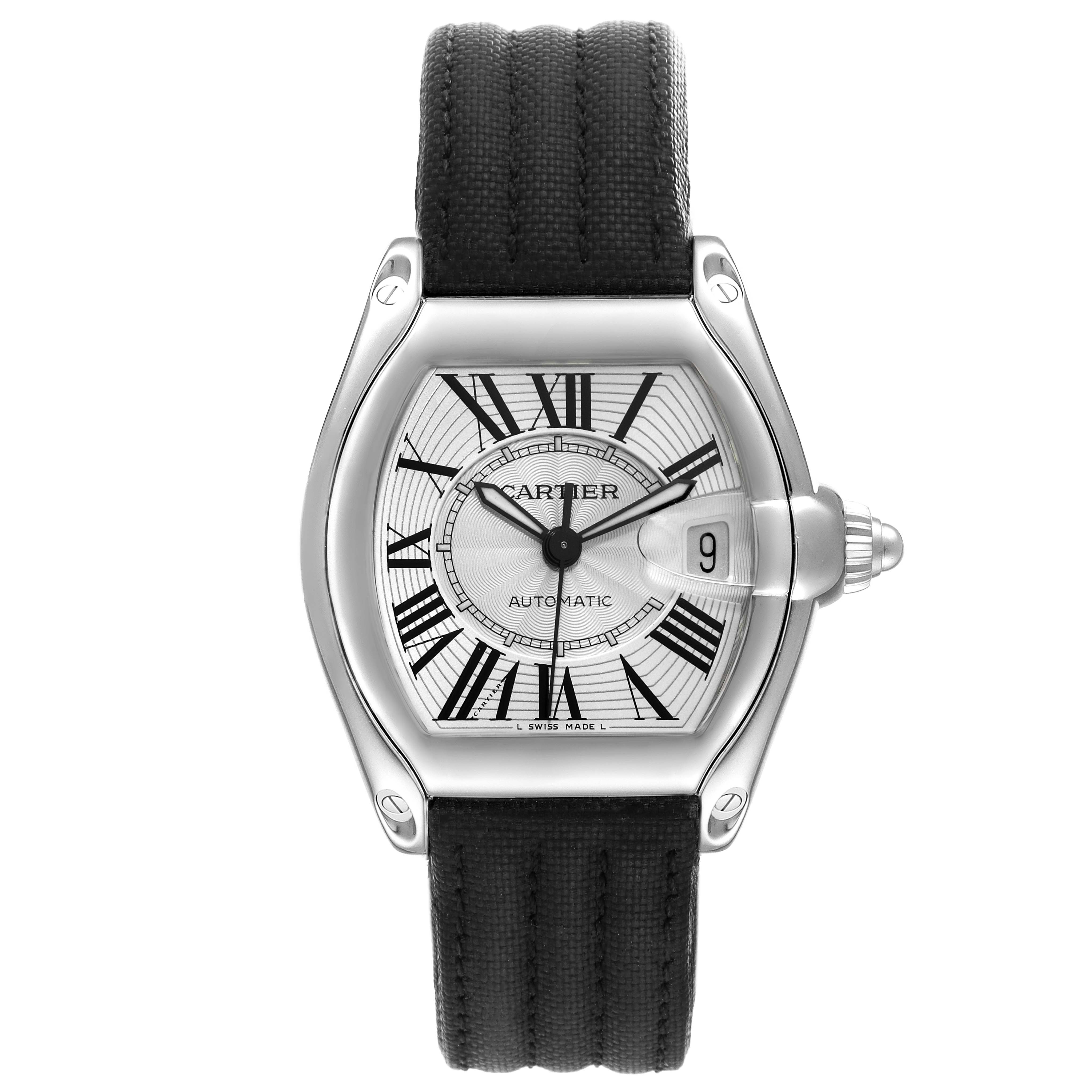 The Cartier Roadster W62025V3 Men's Stainless Steel Silver Dial W62025V3 Men's Stainless Steel Silver Dial watch is shown from a front angle, displaying the face, bezel, crown, and strap.