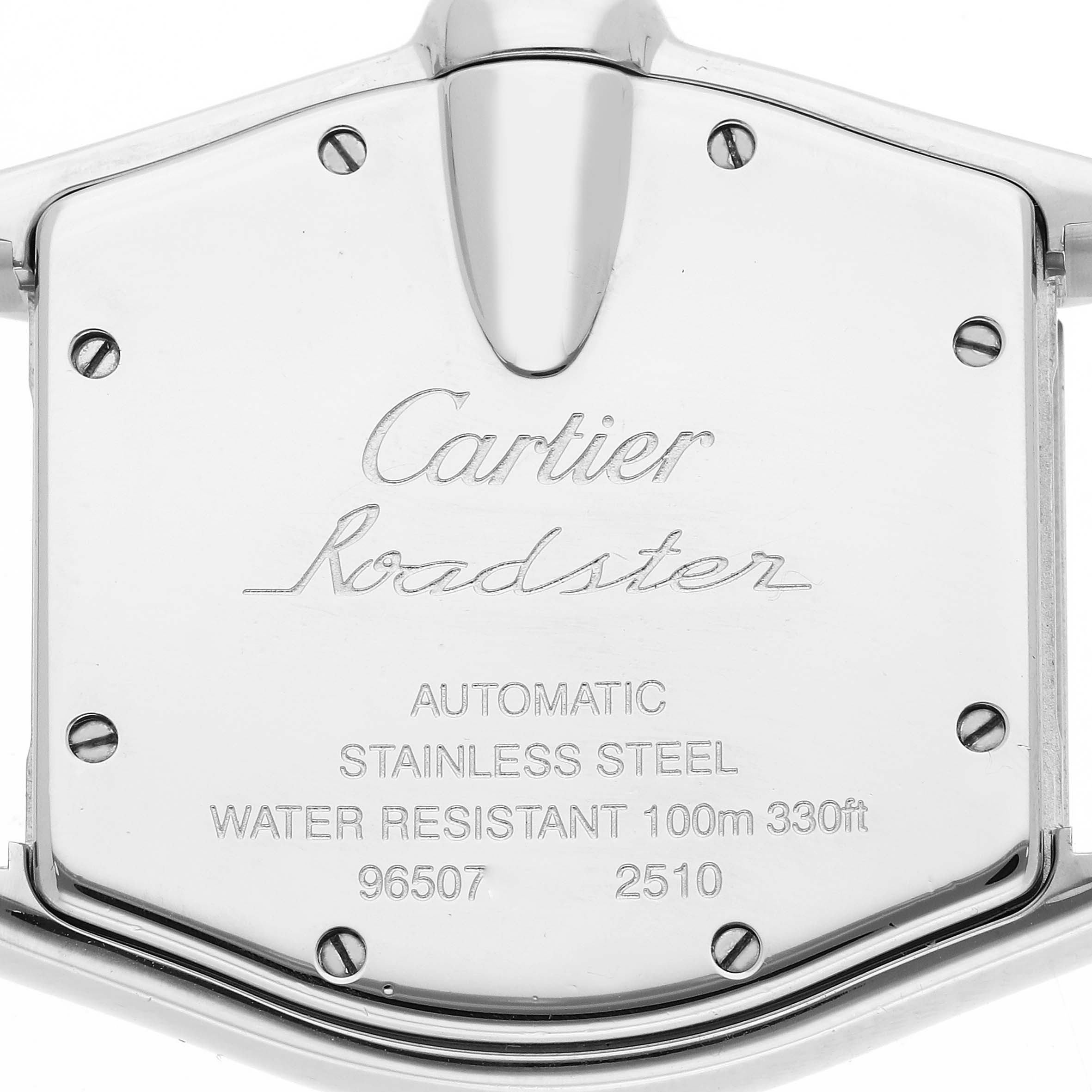 The image shows the back case of the Roadster model by Cartier, including the engravings detailing specifications.