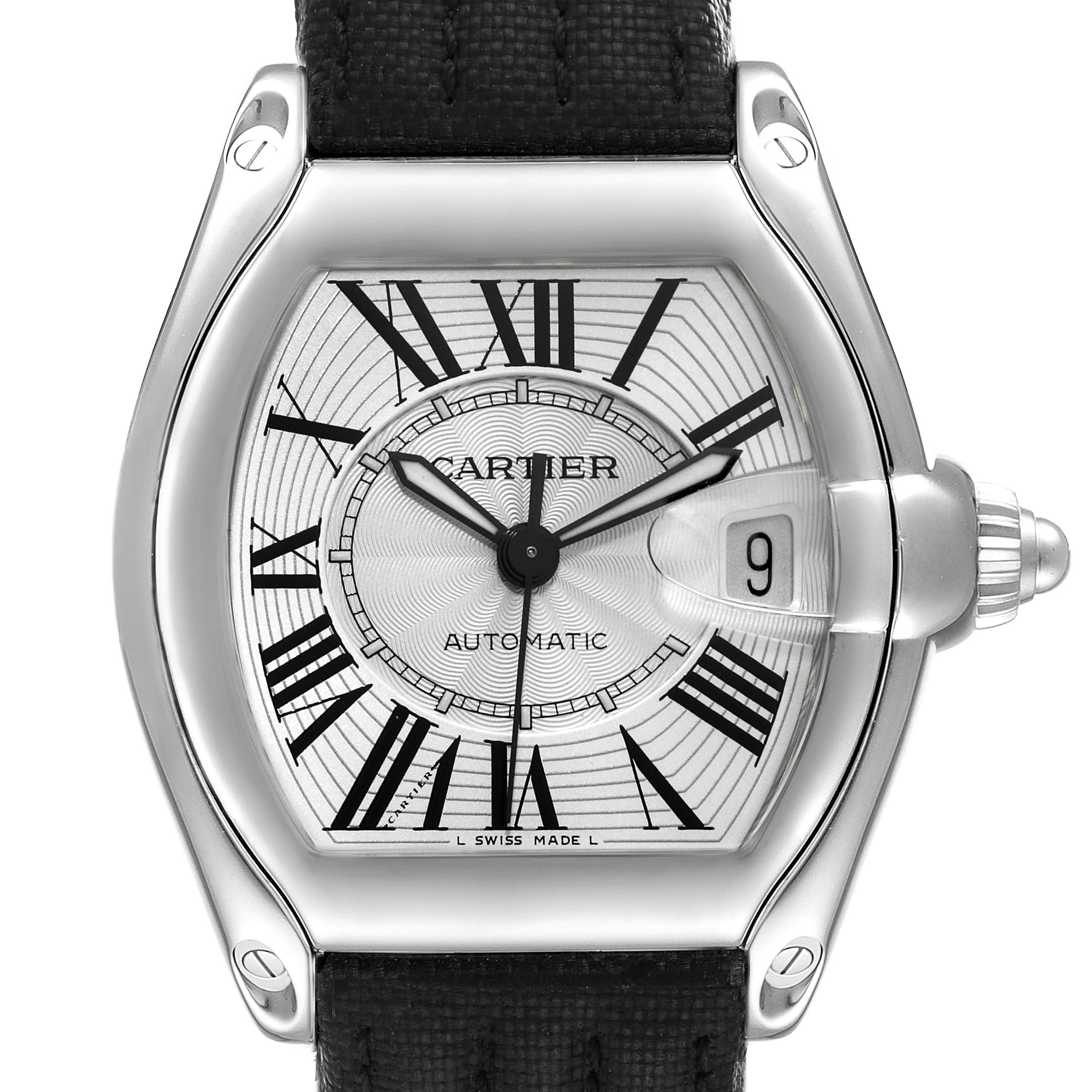 The image shows a frontal view of the Cartier Roadster W62025V3 Men's Stainless Steel Silver Dial W62025V3 Men's Stainless Steel Silver Dial watch, displaying its dial, hands, and date window.
