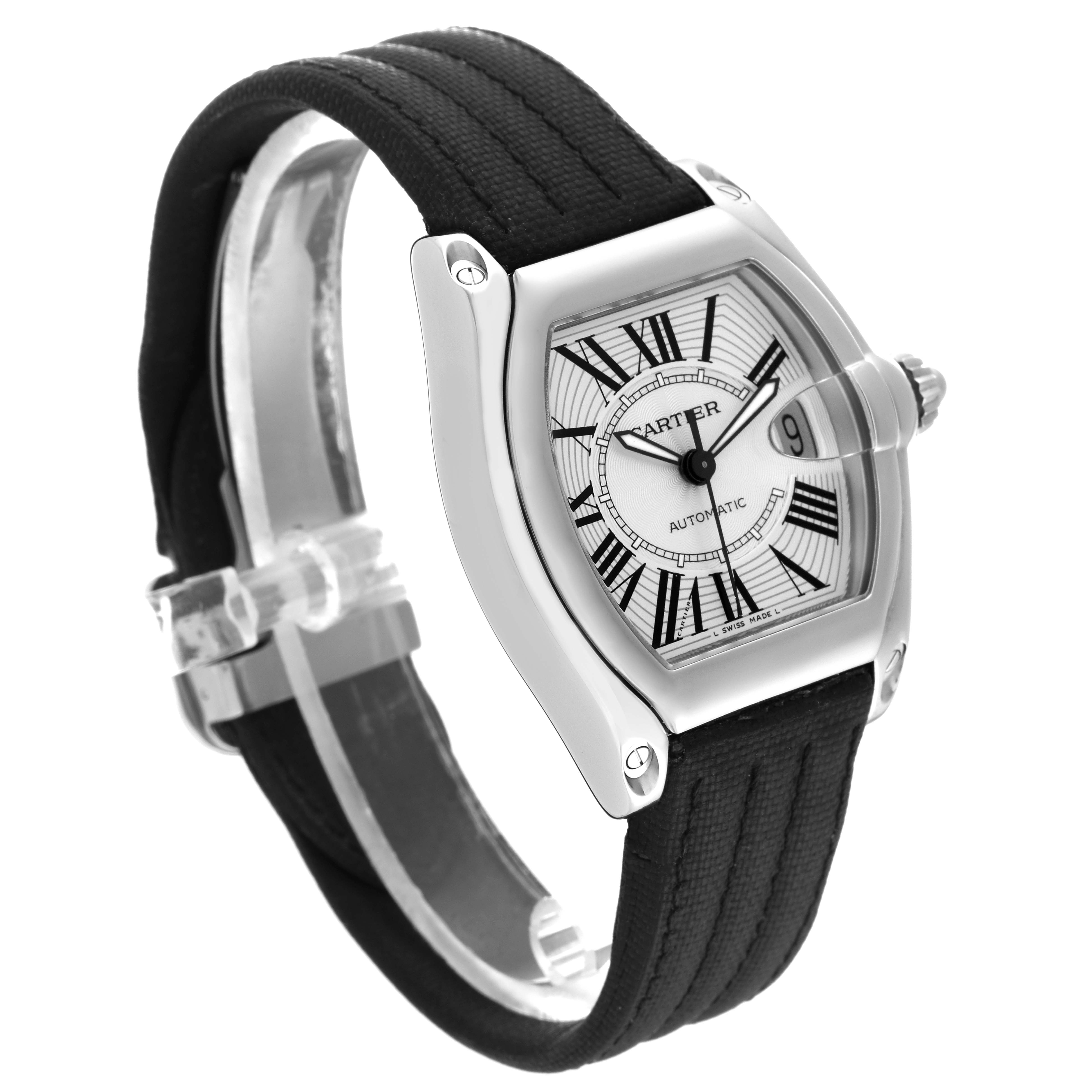 The image shows a Cartier Roadster W62025V3 Men's Stainless Steel Silver Dial W62025V3 Men's Stainless Steel Silver Dial watch at a side angle, highlighting its black strap and silver case with a visible dial and date window.