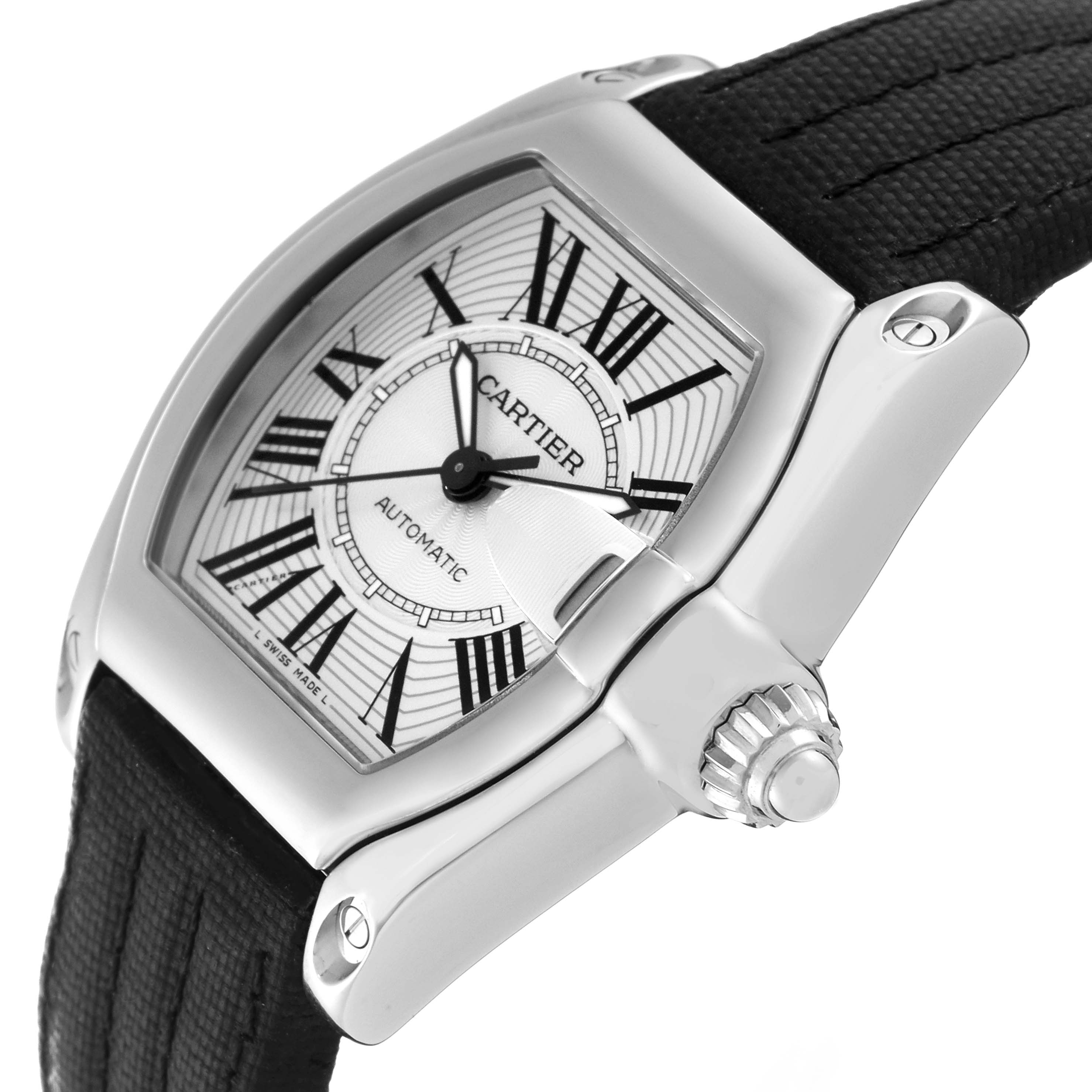 The image shows a close-up, angled view of the face and side of the Cartier Roadster W62025V3 Men's Stainless Steel Silver Dial W62025V3 Men's Stainless Steel Silver Dial watch, highlighting the dial, bezel, and crown.