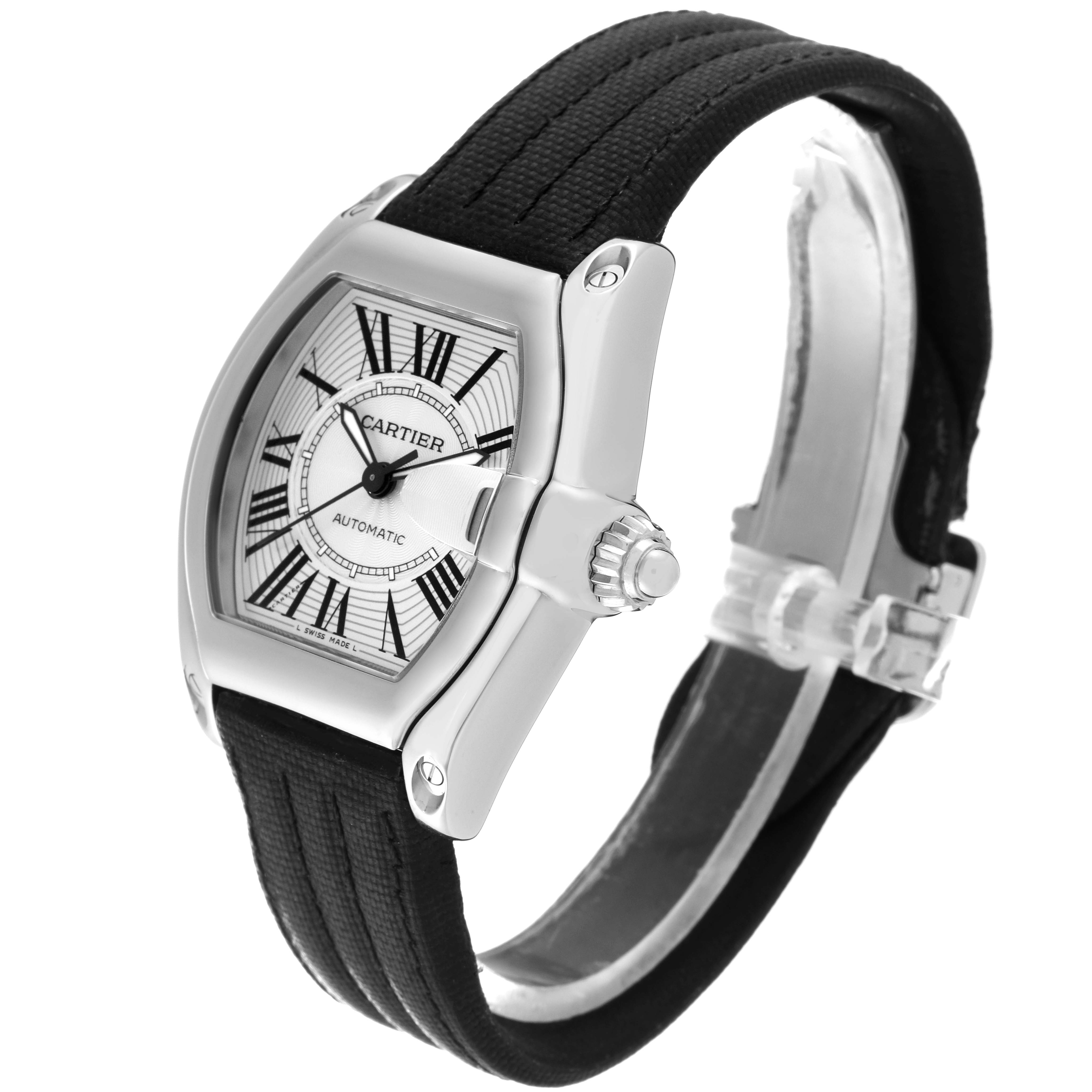 The image shows a Cartier Roadster W62025V3 Men's Stainless Steel Silver Dial W62025V3 Men's Stainless Steel Silver Dial watch at a three-quarter angle, displaying its face, crown, case, and black strap.