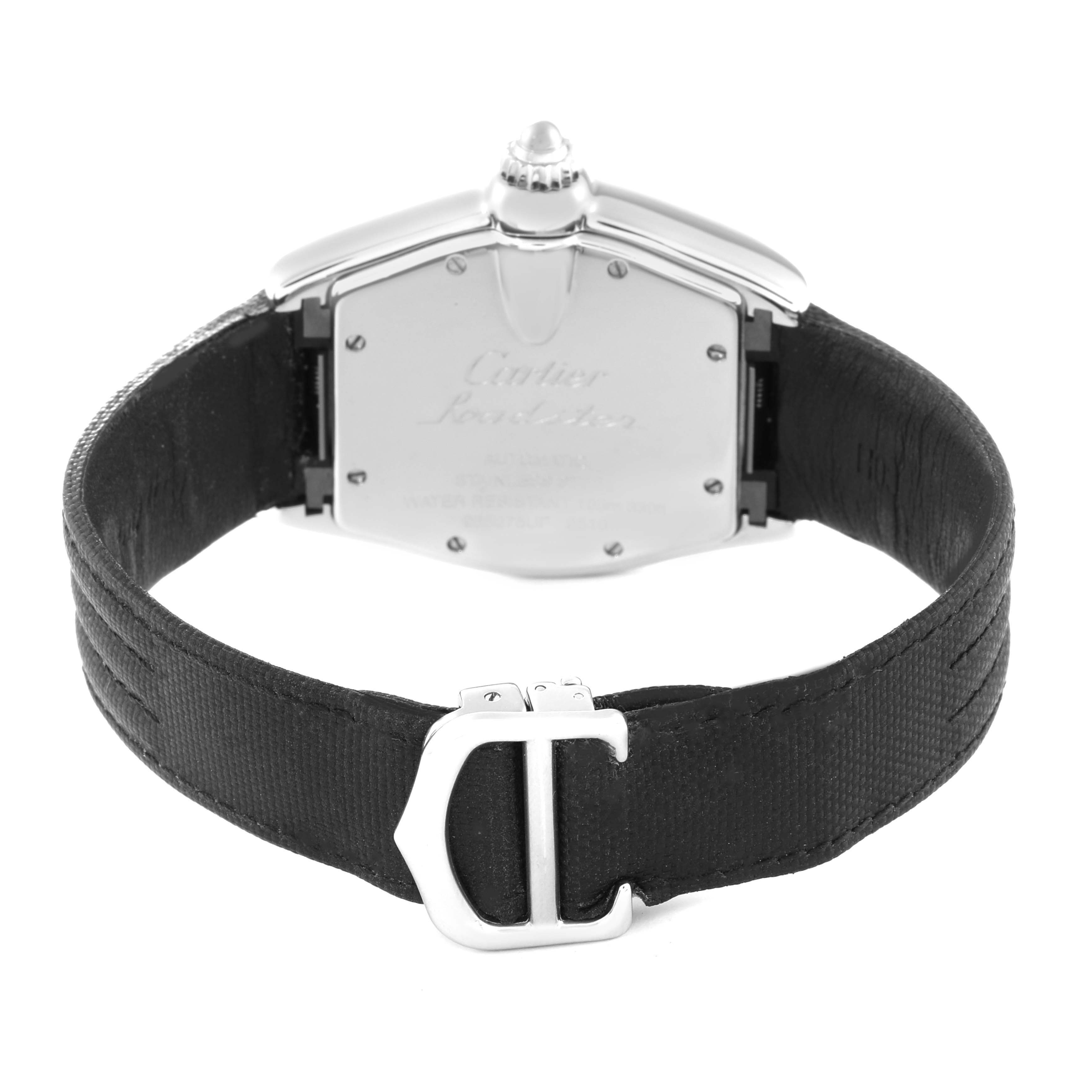 This image shows the back view of a Cartier Roadster W62025V3 Men's Stainless Steel Silver Dial W62025V3 Men's Stainless Steel Silver Dial watch highlighting the case back, crown, and strap with a deployment clasp.