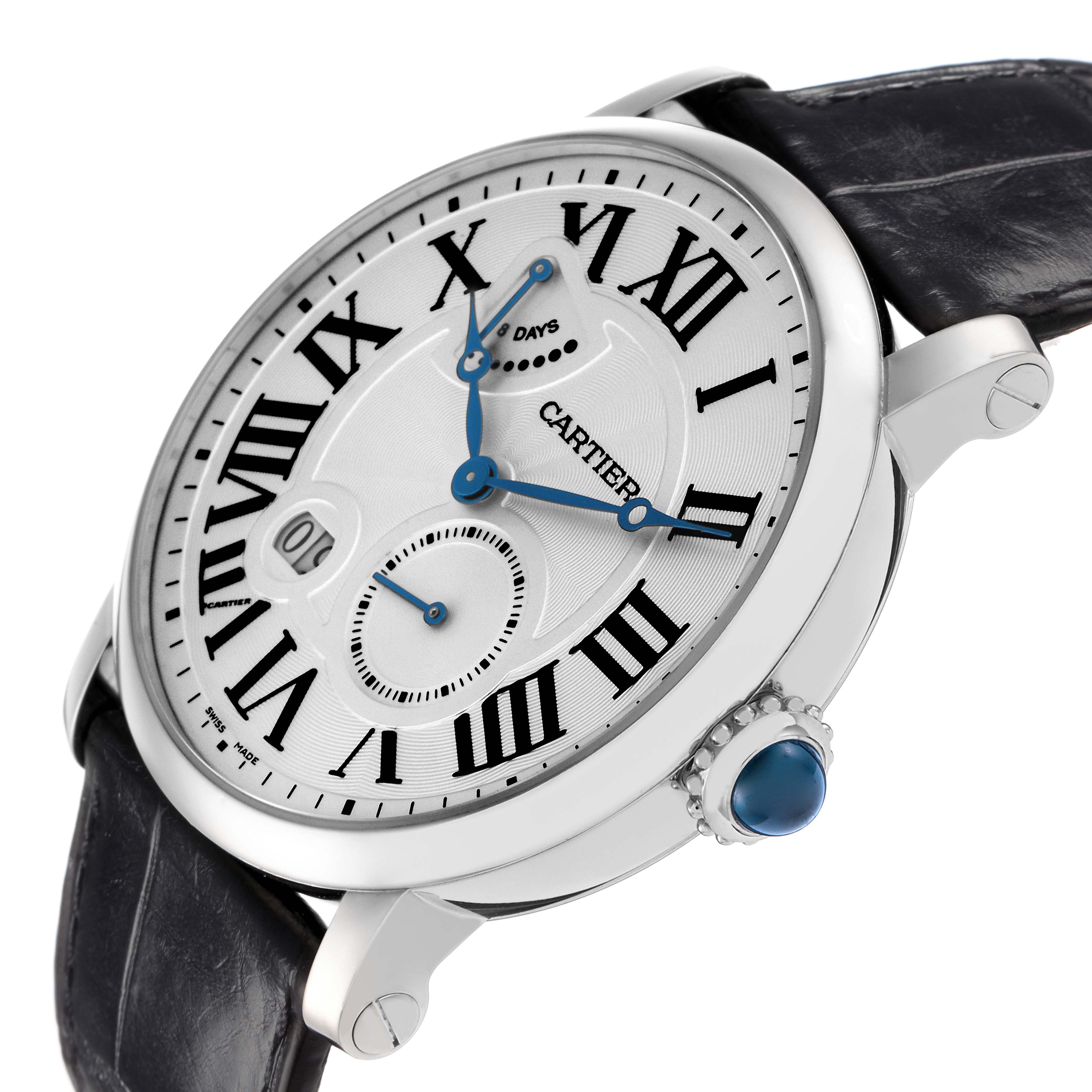 The Cartier Rotonde model W1556202 is shown at a three-quarter angle, highlighting the dial, Roman numerals, blued hands, and crown with a blue cabochon.