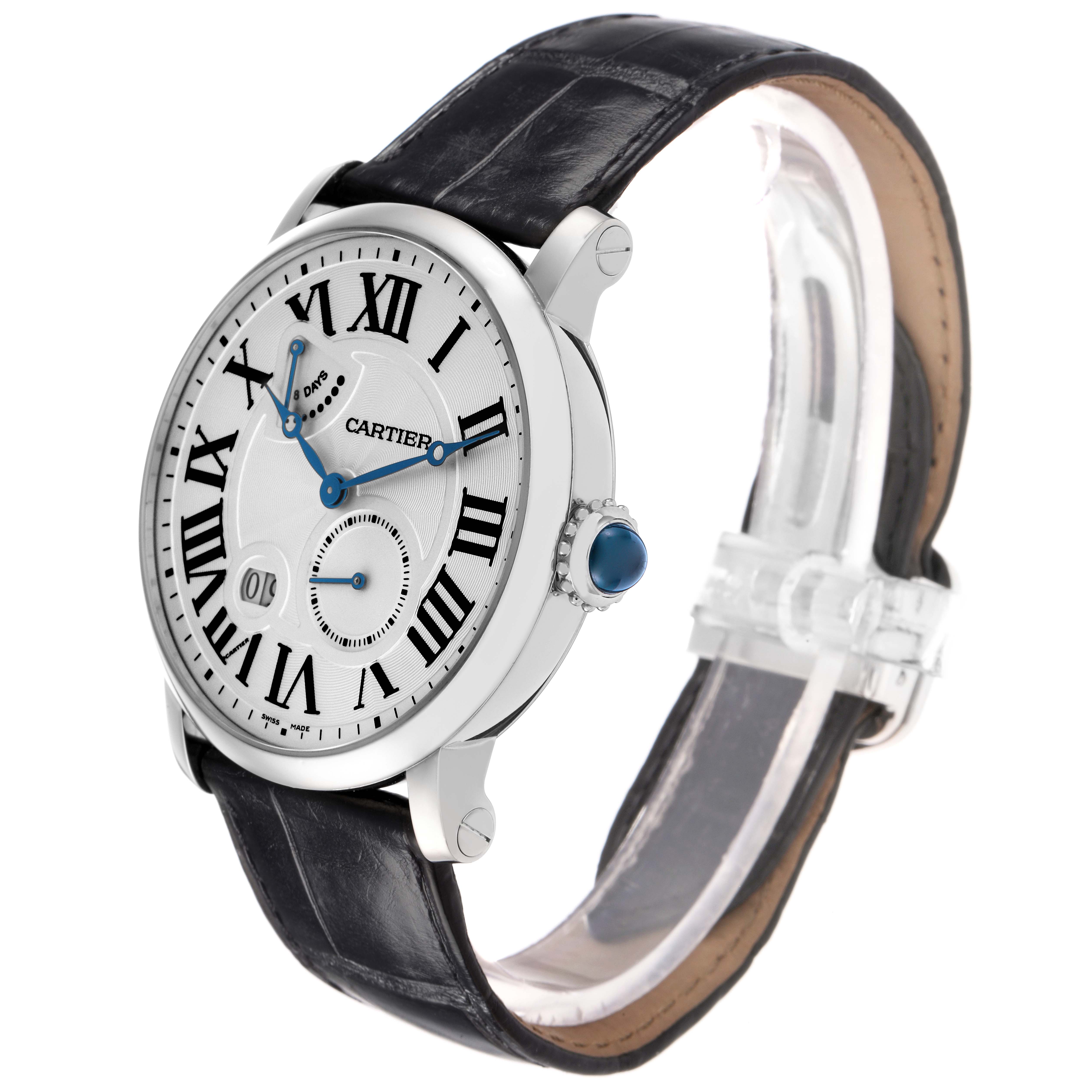 The image shows a Cartier Rotonde model W1556202 men's watch at a slight side angle, highlighting its face, crown, and leather strap.
