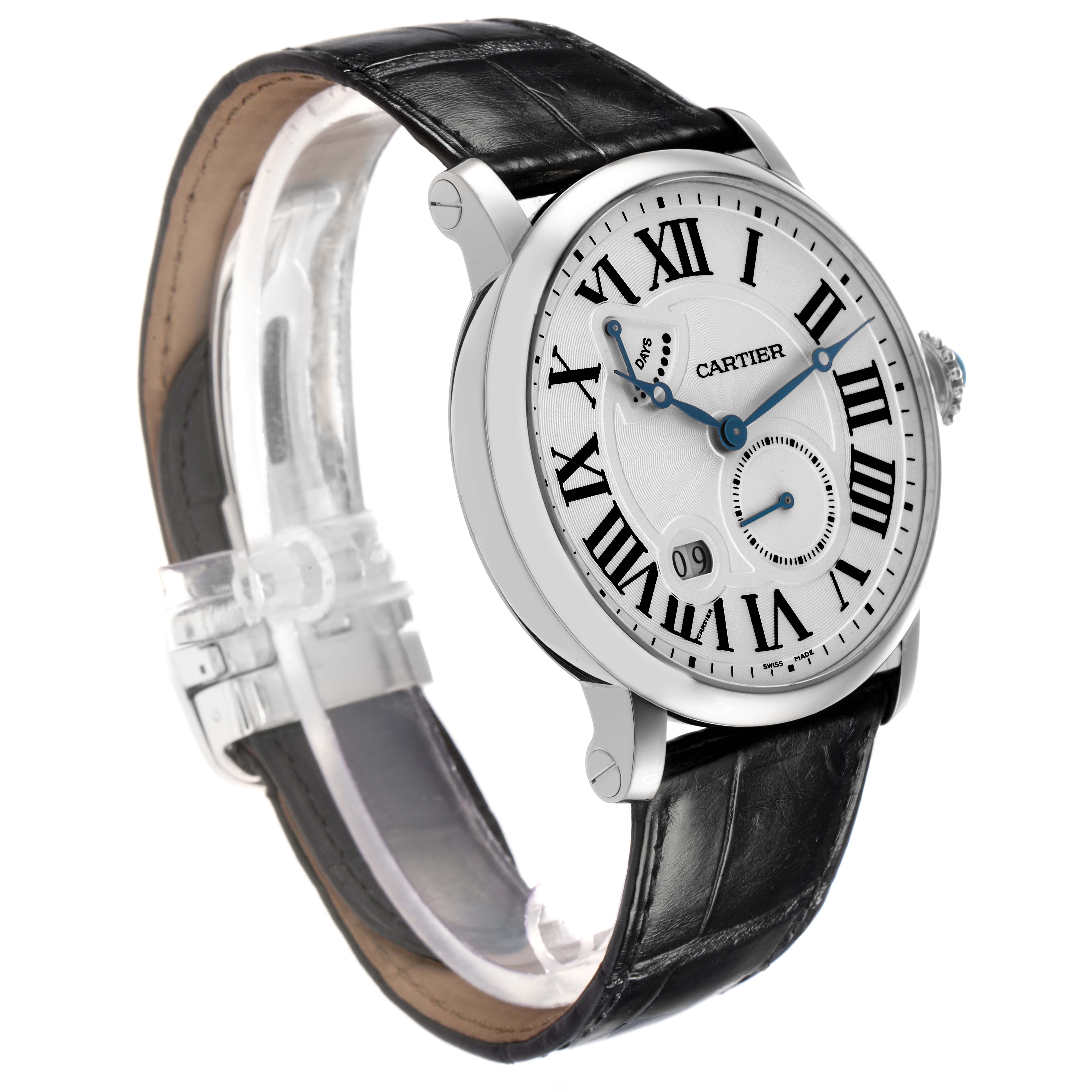 The Cartier Rotonde W1556202 is shown from a front-side angle, highlighting the watch face with Roman numerals, black leather strap, and side crown.
