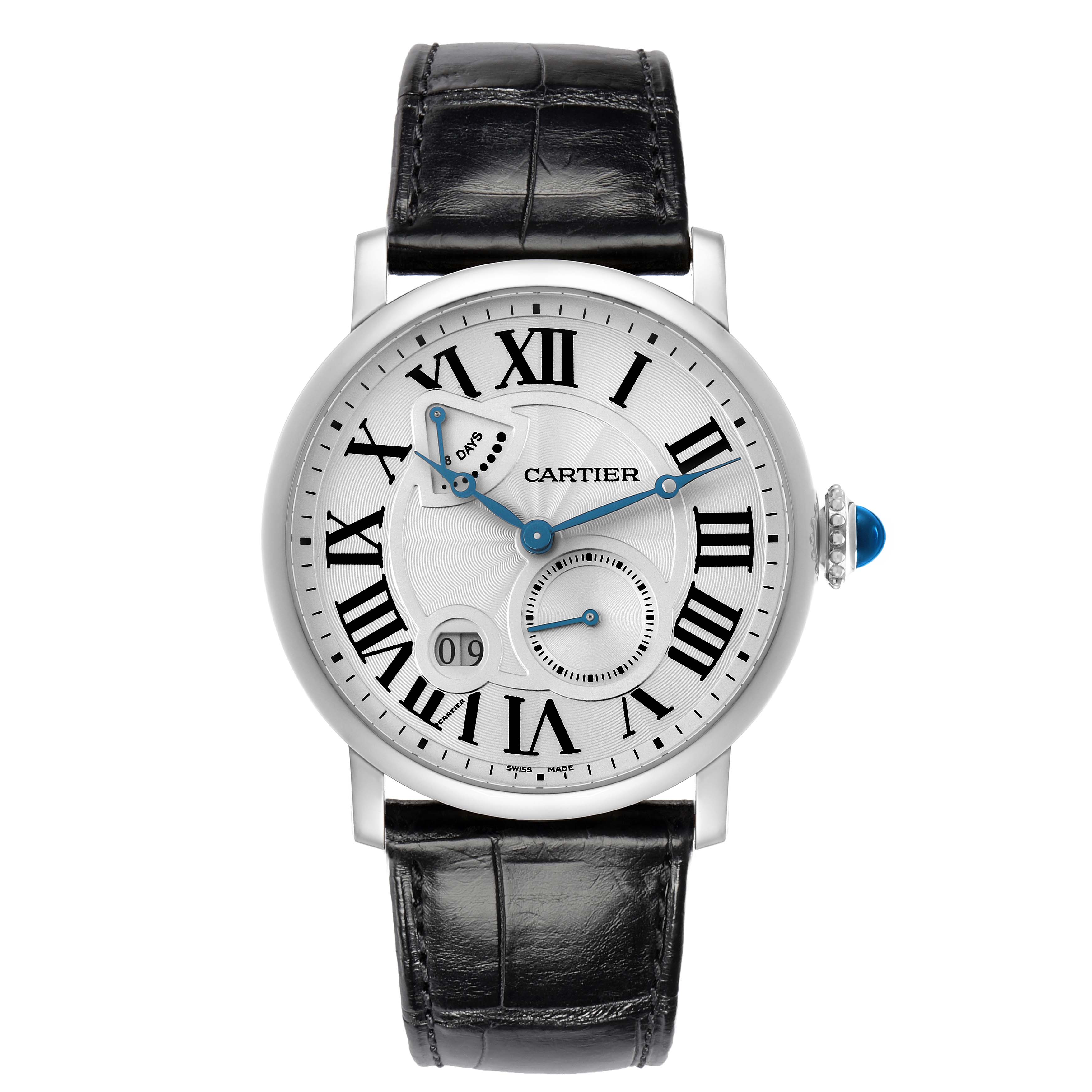The image shows a frontal view of the Cartier Rotonde model W1556202 men's watch, highlighting its dial, Roman numerals, hands, and black leather strap.