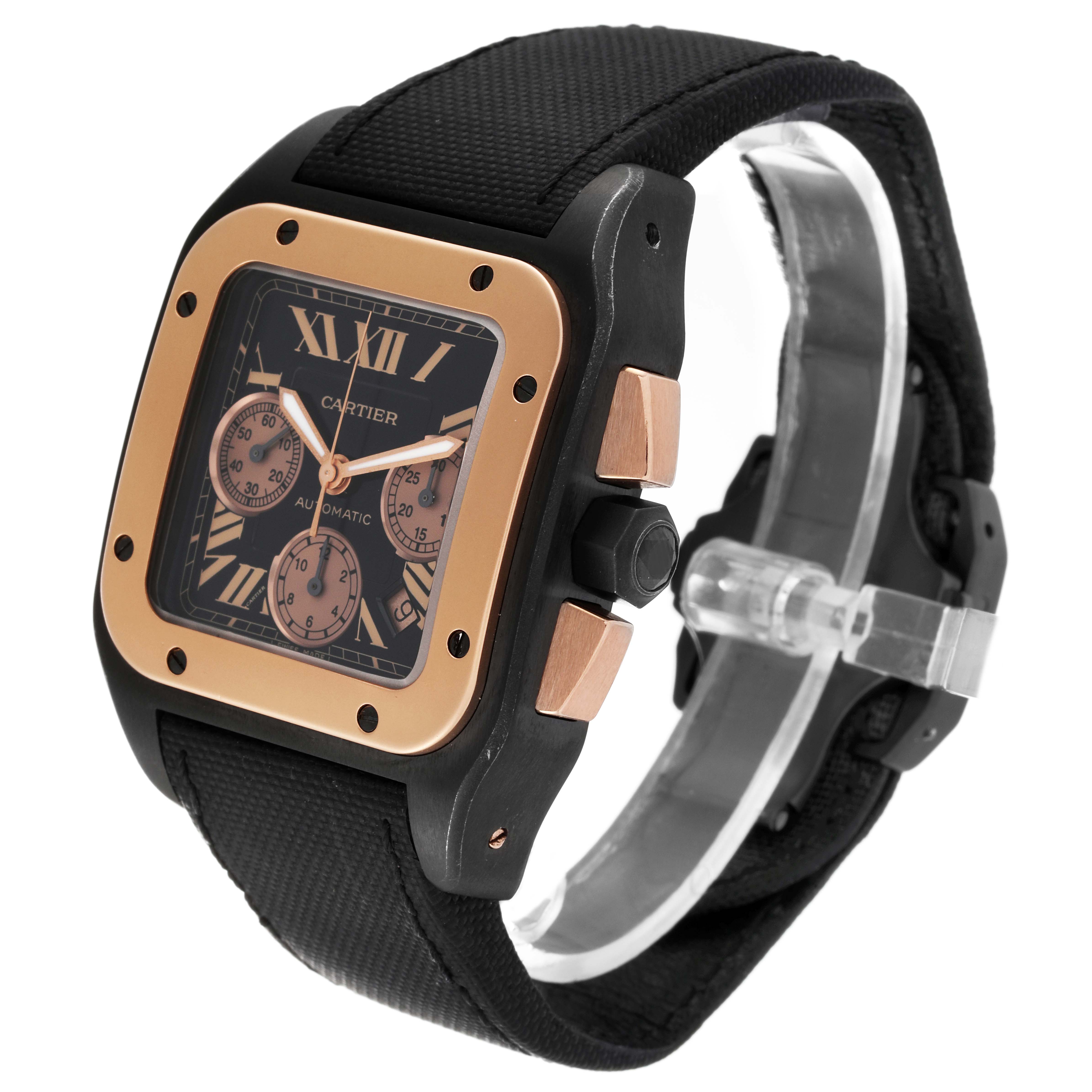 The Cartier Santos W2020004 Men's Titanium Black Dial W2020004 Men's Titanium Black Dial model watch is shown at a slight angle, displaying its square face, black strap, and side buttons clearly.