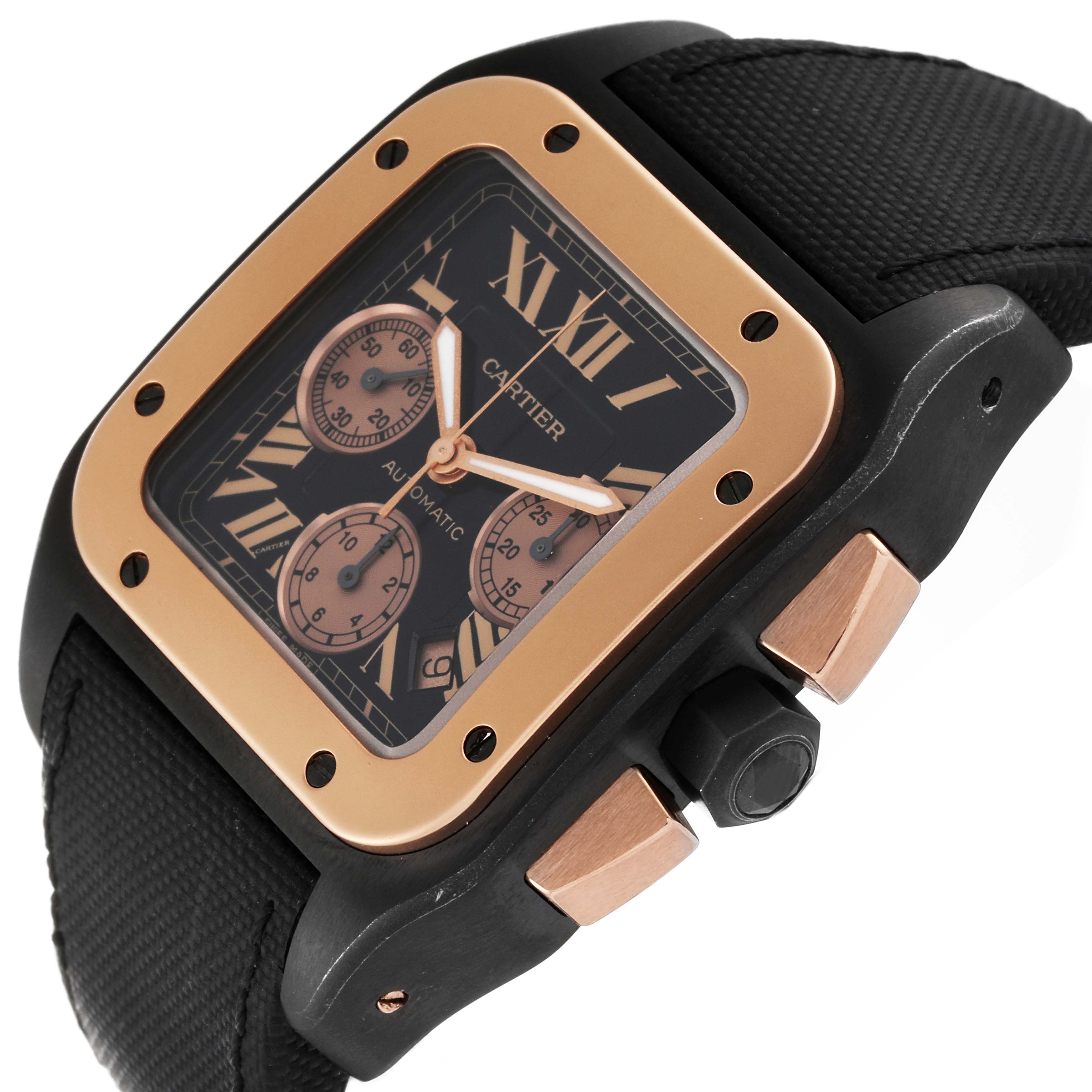 The image shows a close-up angle of a Cartier Santos W2020004 Men's Titanium Black Dial W2020004 Men's Titanium Black Dial watch, highlighting its dial, bezel, chronograph subdials, and strap.