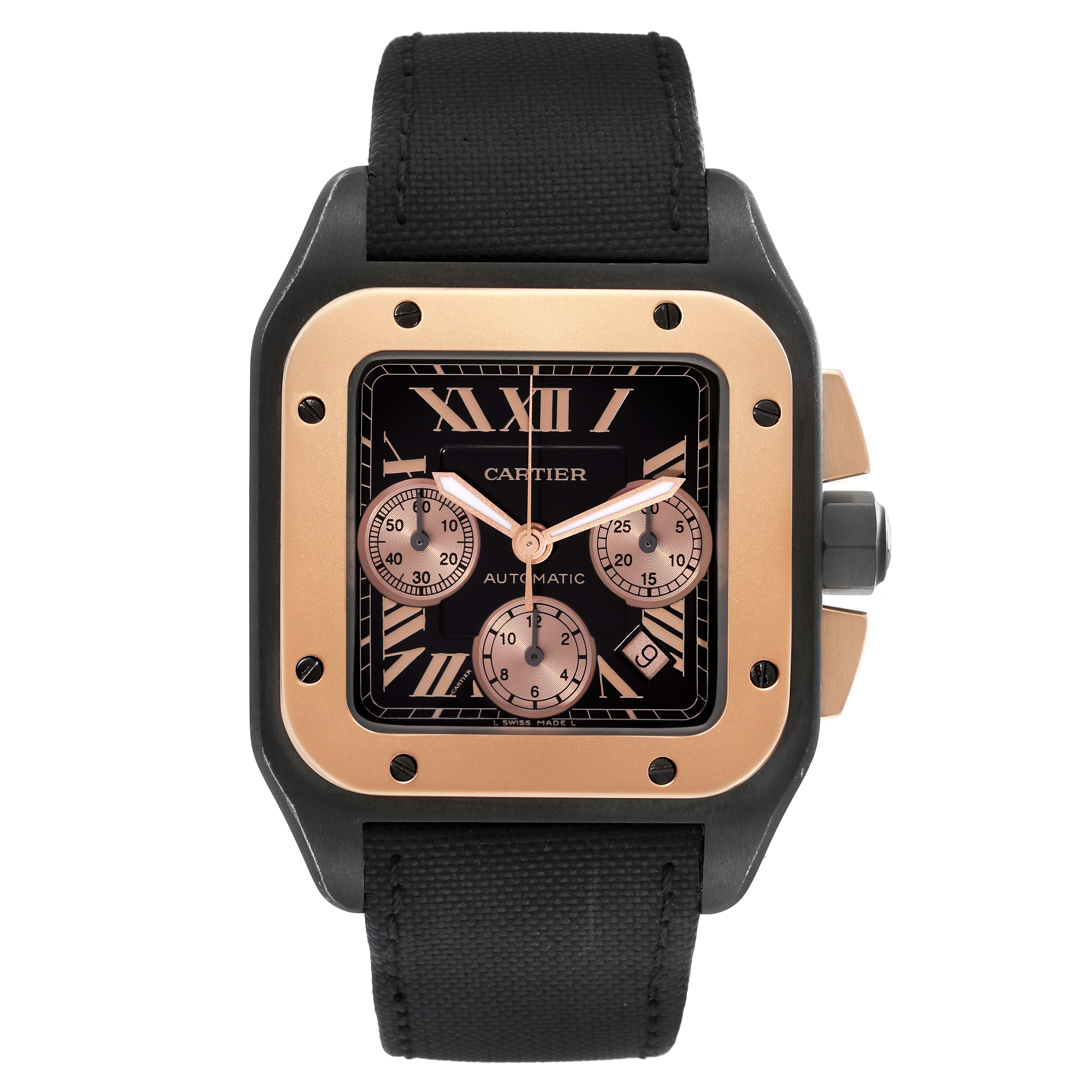 The Cartier Santos W2020004 Men's Titanium Black Dial W2020004 Men's Titanium Black Dial watch is shown from a front angle, highlighting its square face, black strap, and chronograph dials.