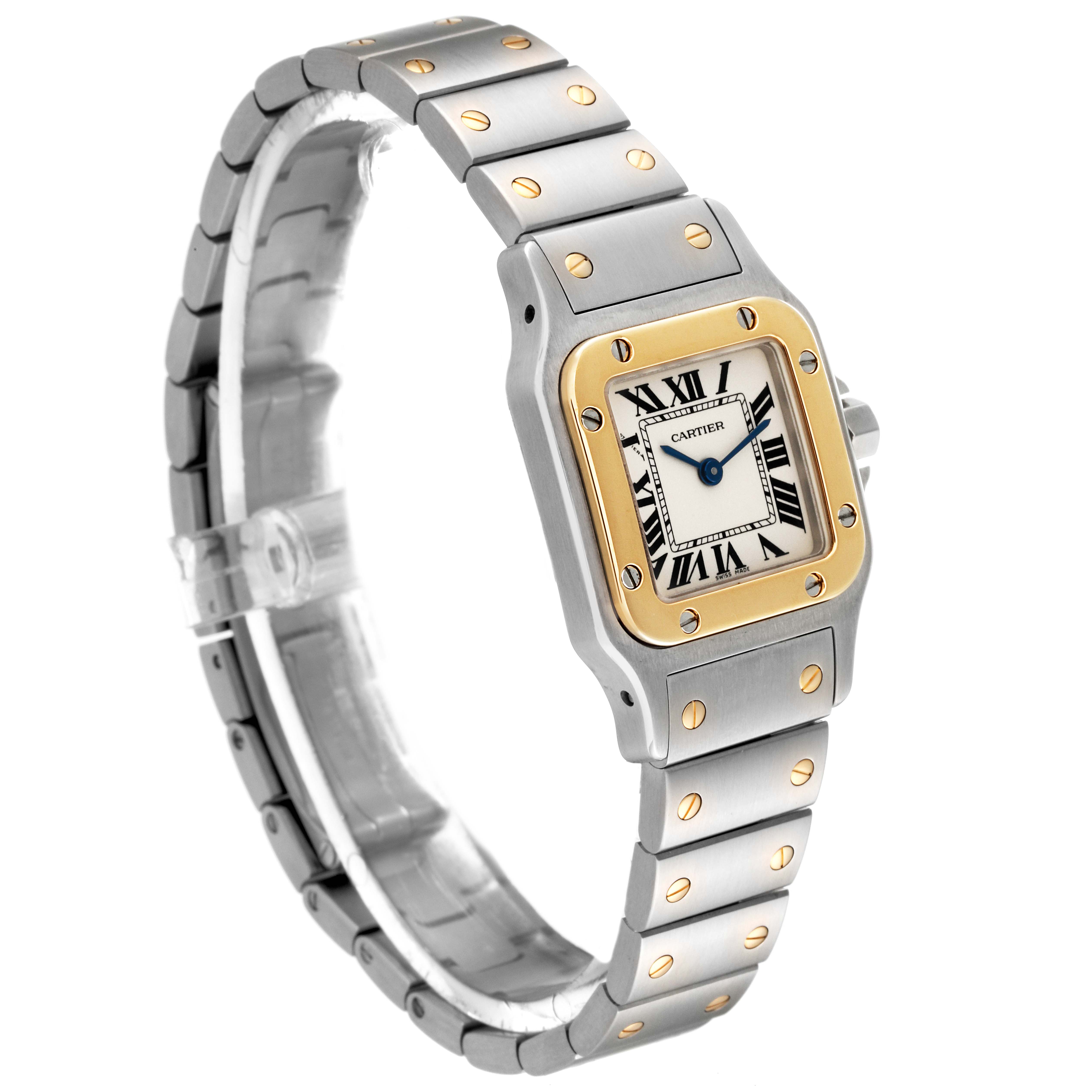 This image shows a Santos de Cartier watch at an angled view, highlighting its square face, bezel, and metal bracelet.