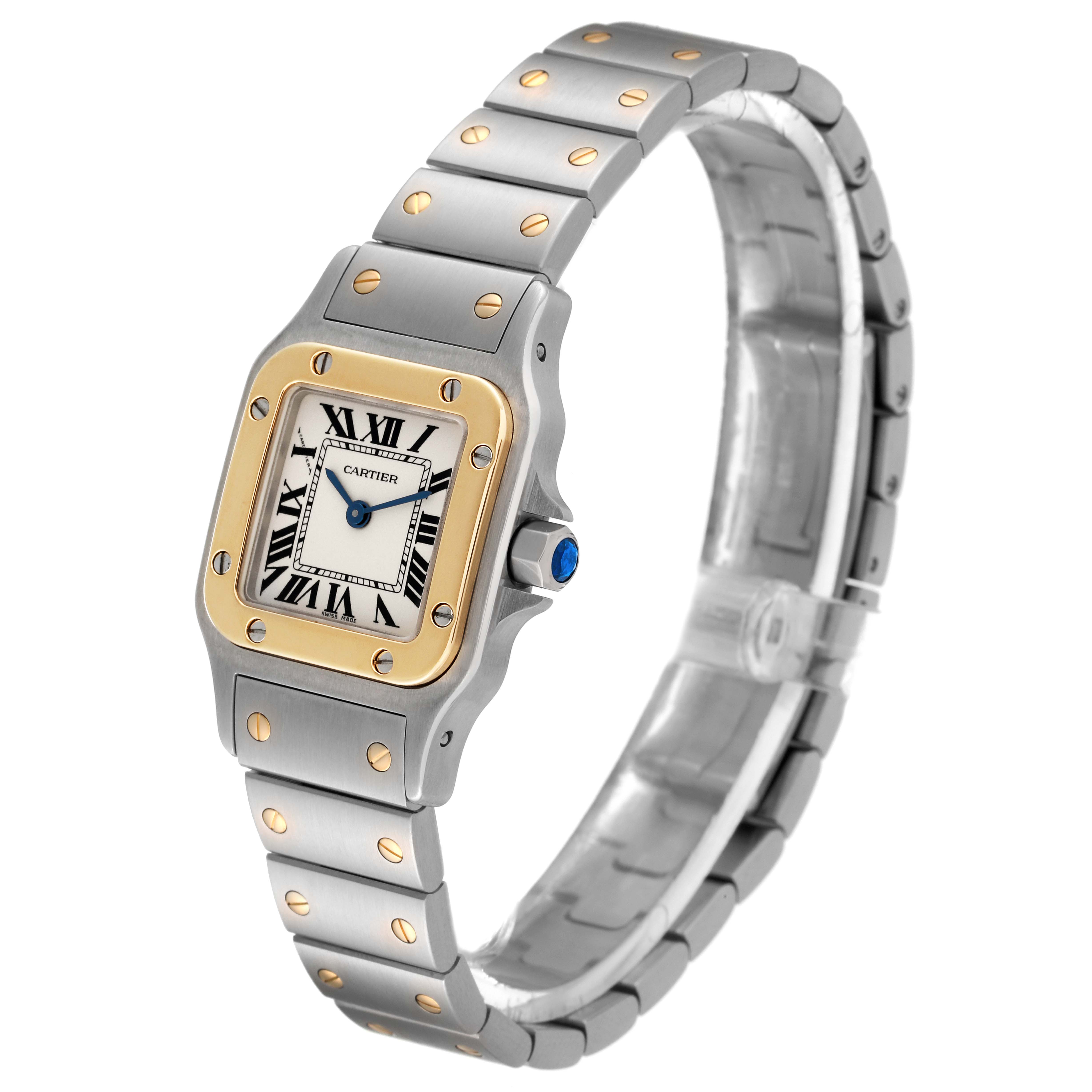The image shows a side angle of the Cartier Santos W20012C4 Women's Steel and Gold (two tone) White Dial W20012C4 Women's Steel and Gold (two tone) White Dial watch, highlighting its face, bracelet, and crown.