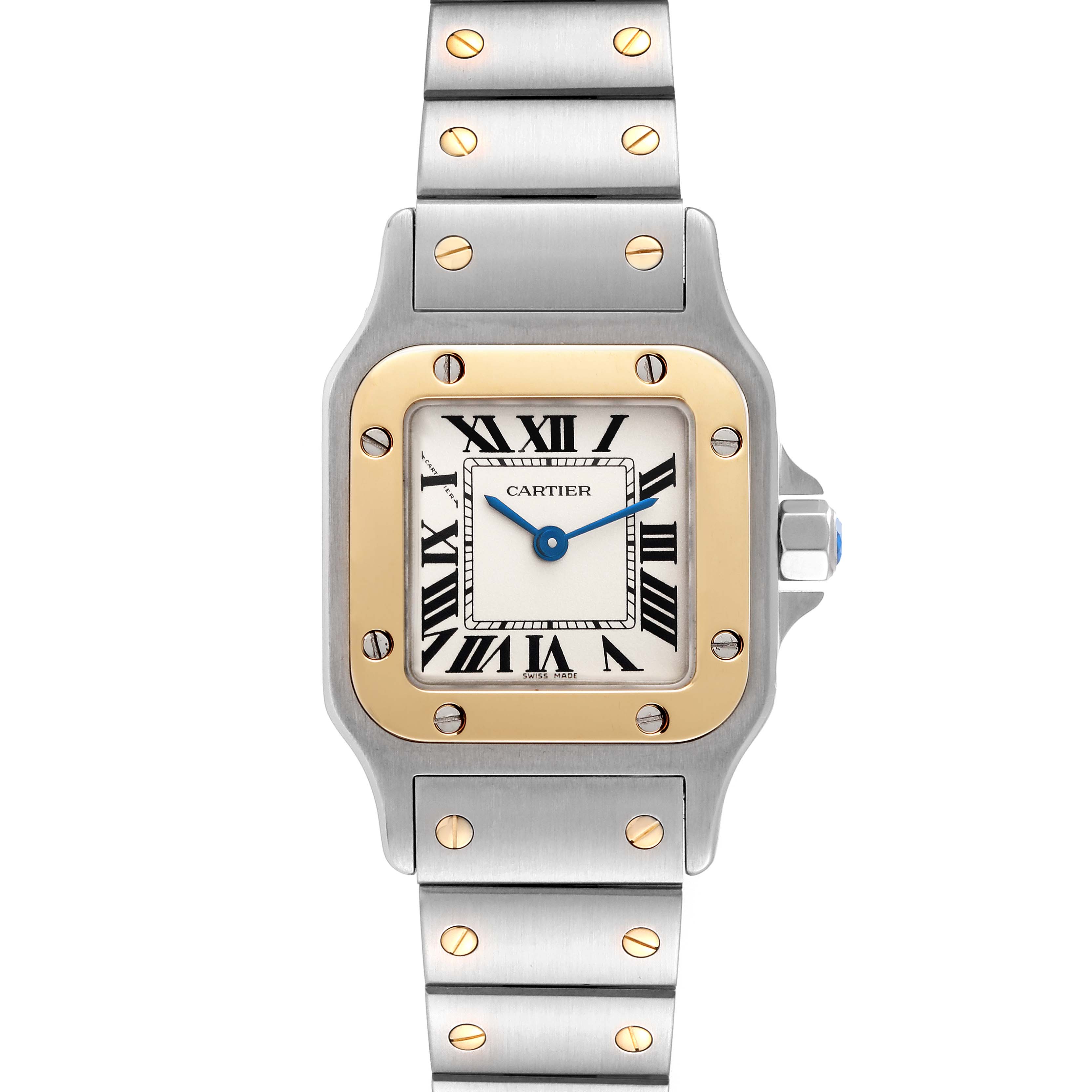 The image shows a front view of a Cartier Santos W20012C4 Women's Steel and Gold (two tone) White Dial W20012C4 Women's Steel and Gold (two tone) White Dial watch, highlighting its face, bezel, crown, and bracelet.