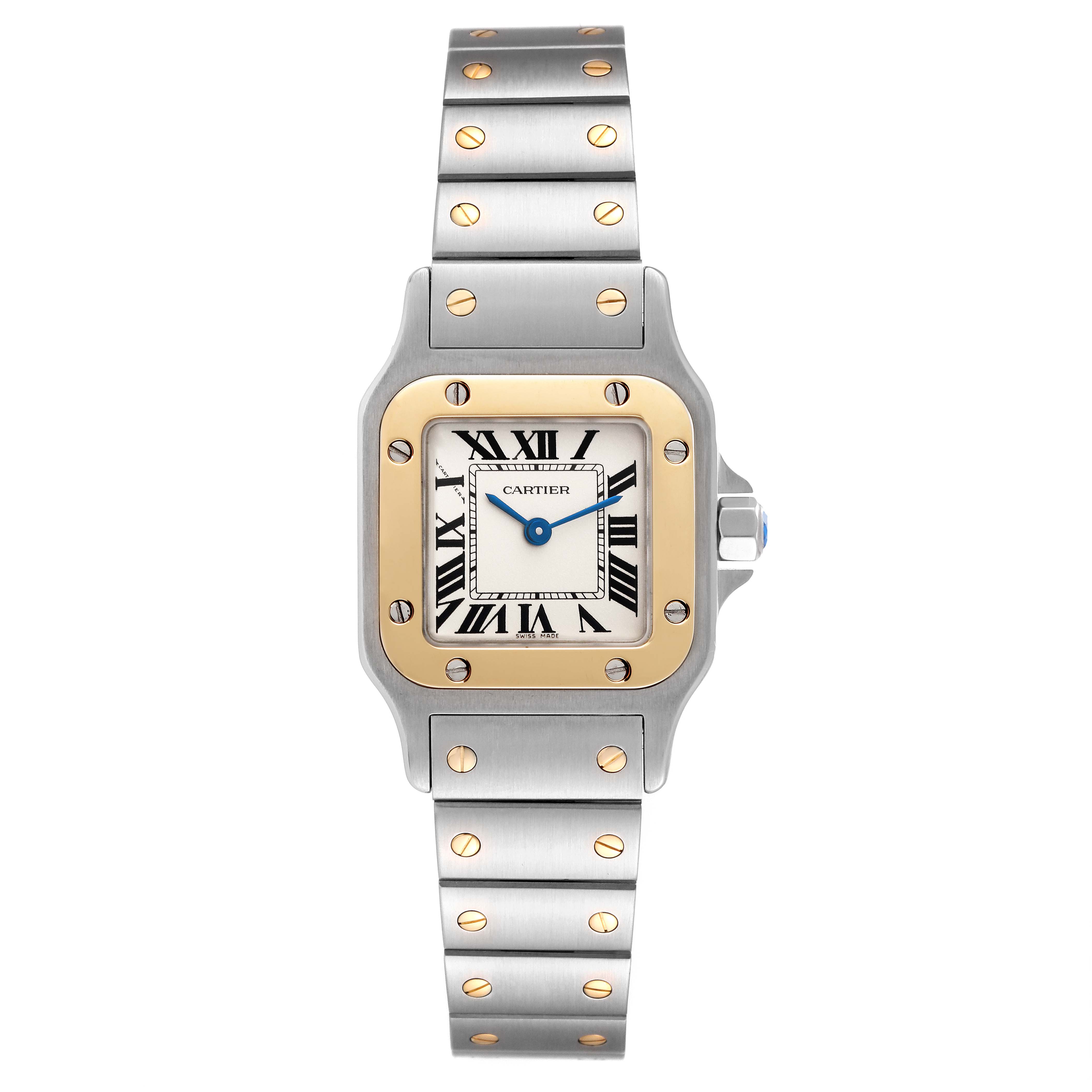 This image shows a frontal view of the Cartier Santos W20012C4 Women's Steel and Gold (two tone) White Dial W20012C4 Women's Steel and Gold (two tone) White Dial watch, highlighting its bracelet and square face with Roman numerals.