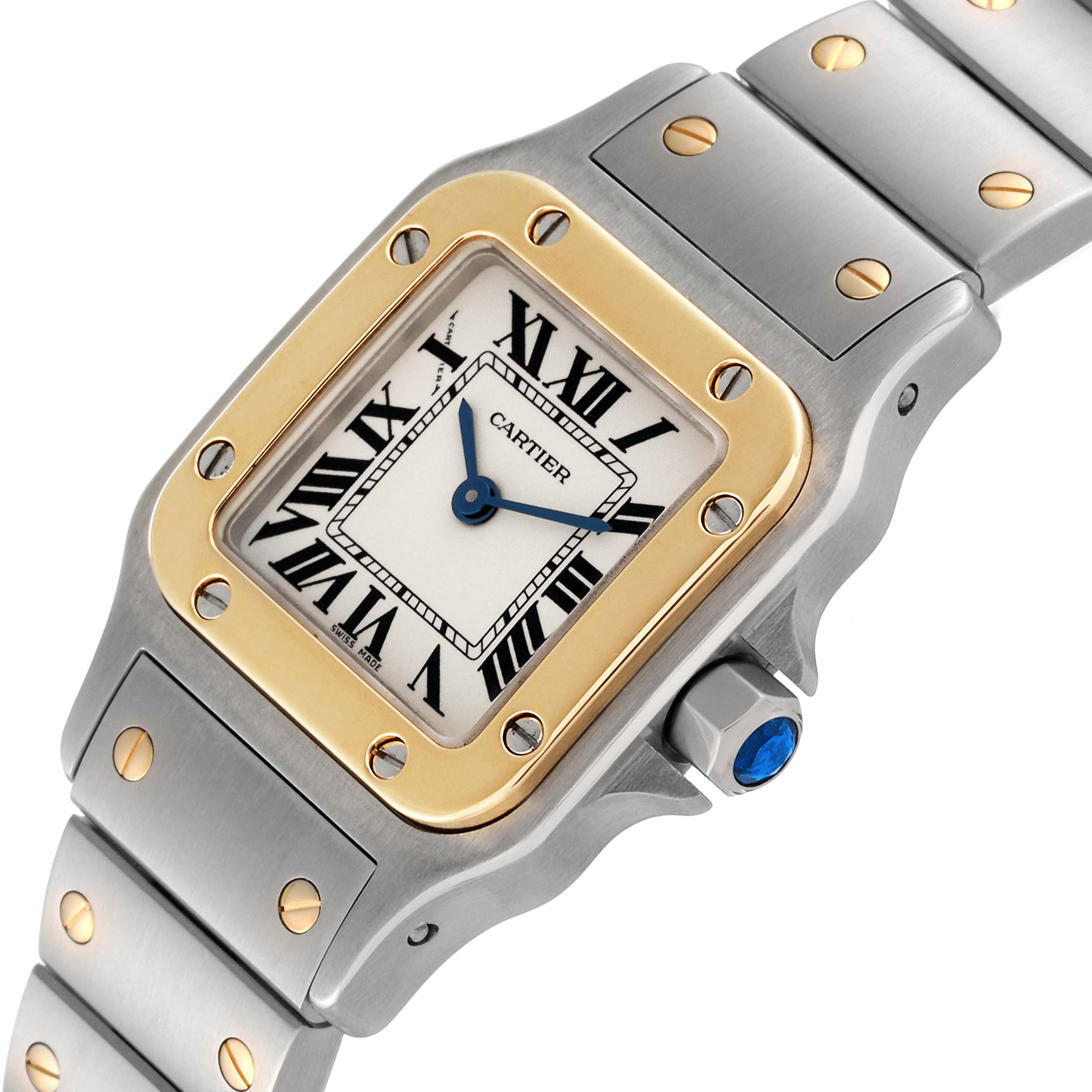 The image shows a close-up of the Santos model by Cartier, focusing on the dial and part of the bracelet.
