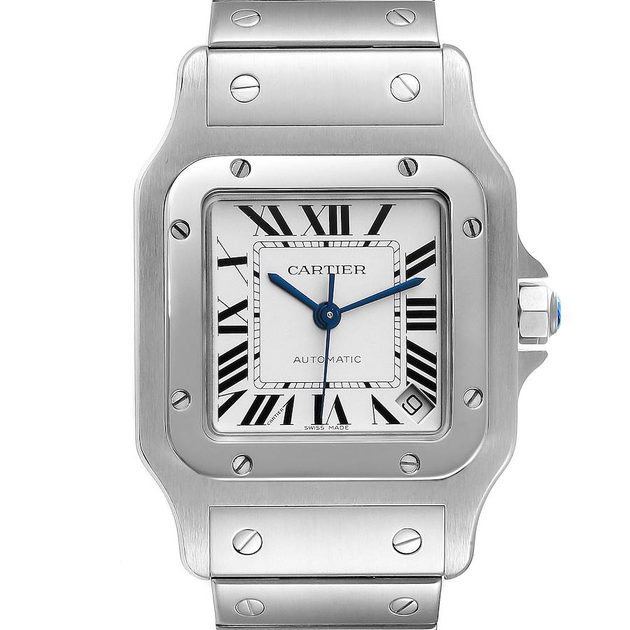 The Cartier Santos W20098D6 men's watch is shown from a front angle, displaying the face, bezel, and part of the metal bracelet with visible screws.