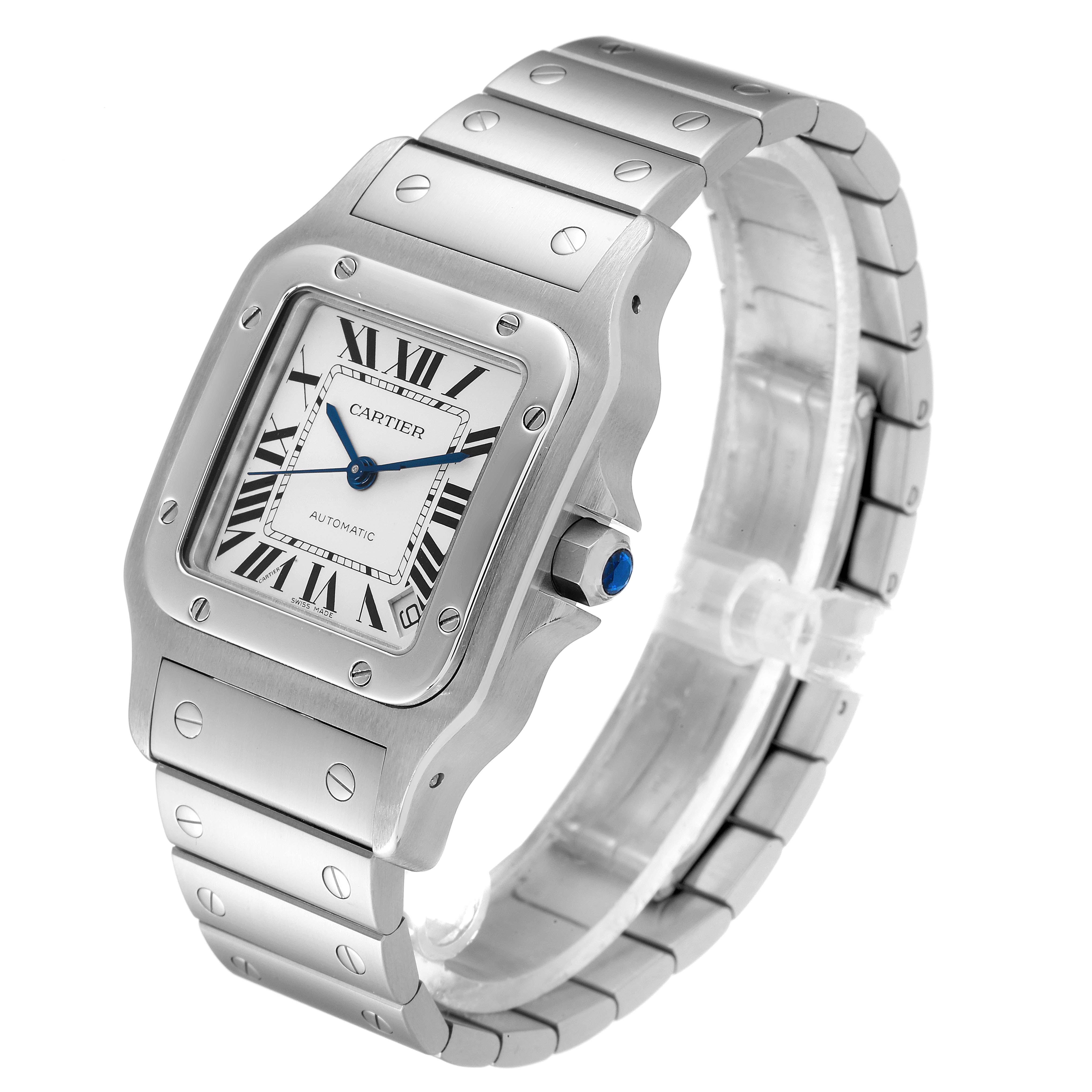 The Cartier Santos W20098D6 men's watch is shown at a three-quarter angle, highlighting its square face, roman numerals, metallic bracelet, and blue cabochon crown.