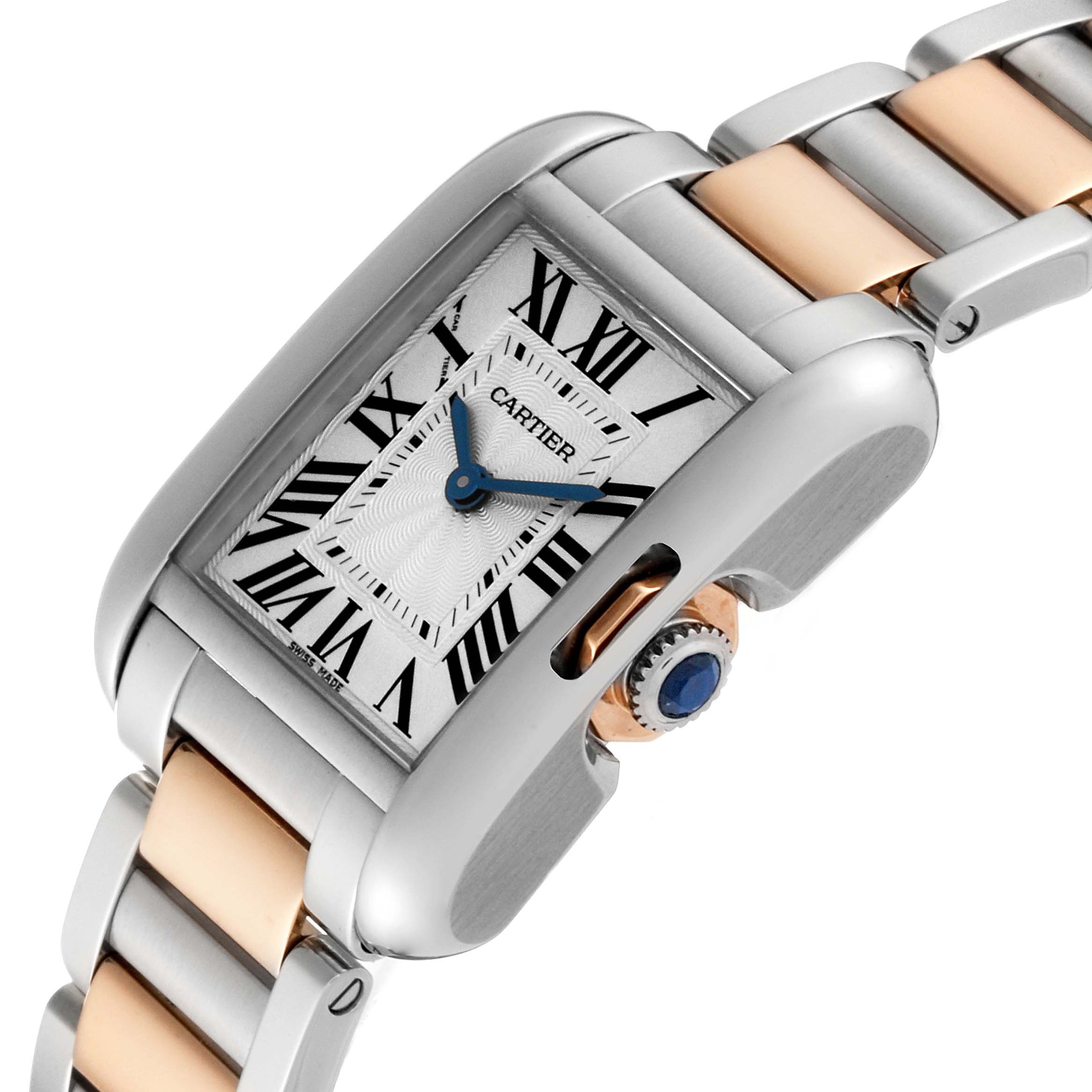 The image shows a close-up side angle of the Cartier Tank Anglaise W5310036 Women
s Steel and Gold (two tone) Silver Dial W5310036 Women
s Steel and Gold (two tone) Silver Dial watch, highlighting the crown and part of the bracelet.
